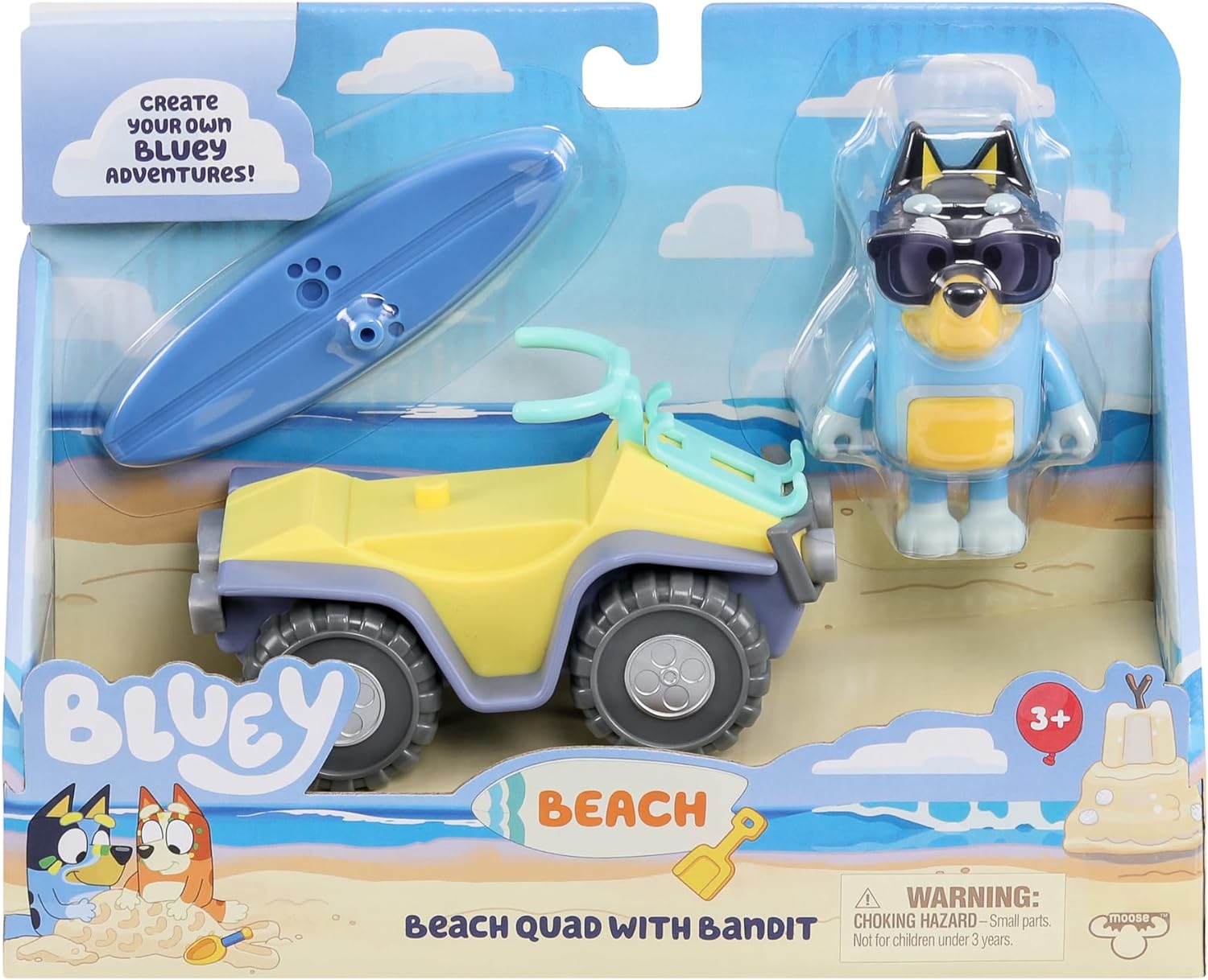 Bluey Vehicle and Figure Pack Beach Quad with Bandit with 2.5-3 Inch Figure and Surfboard Accessory
