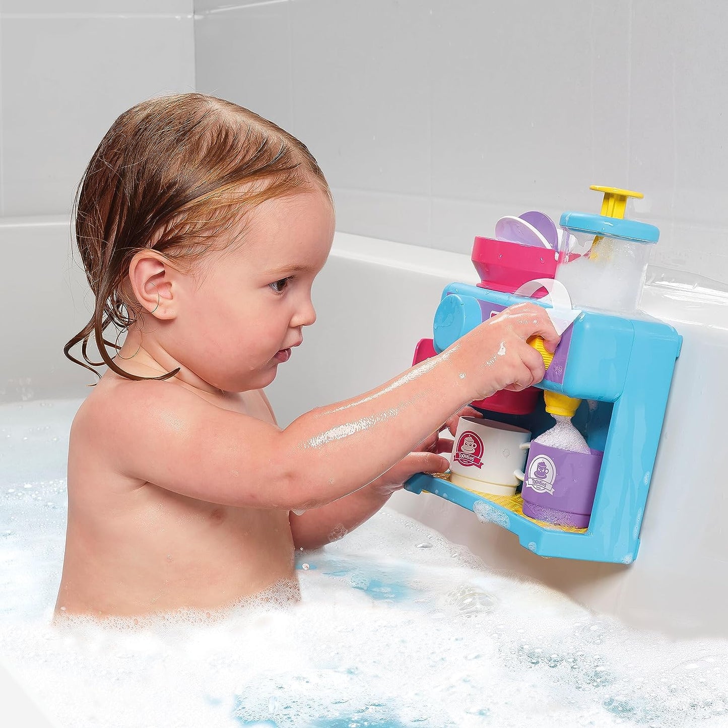 TOMY Toomies Bath Barista - Pretend Cafe Baby Bath Toys - Wall Mounted Bubble Bath Play Kitchen Toddler Toys - Kids Kitchen Set Includes 3 Cups, 1 Jug, 1 Shaker - +18 Months Boys Toys & Girls Toys
