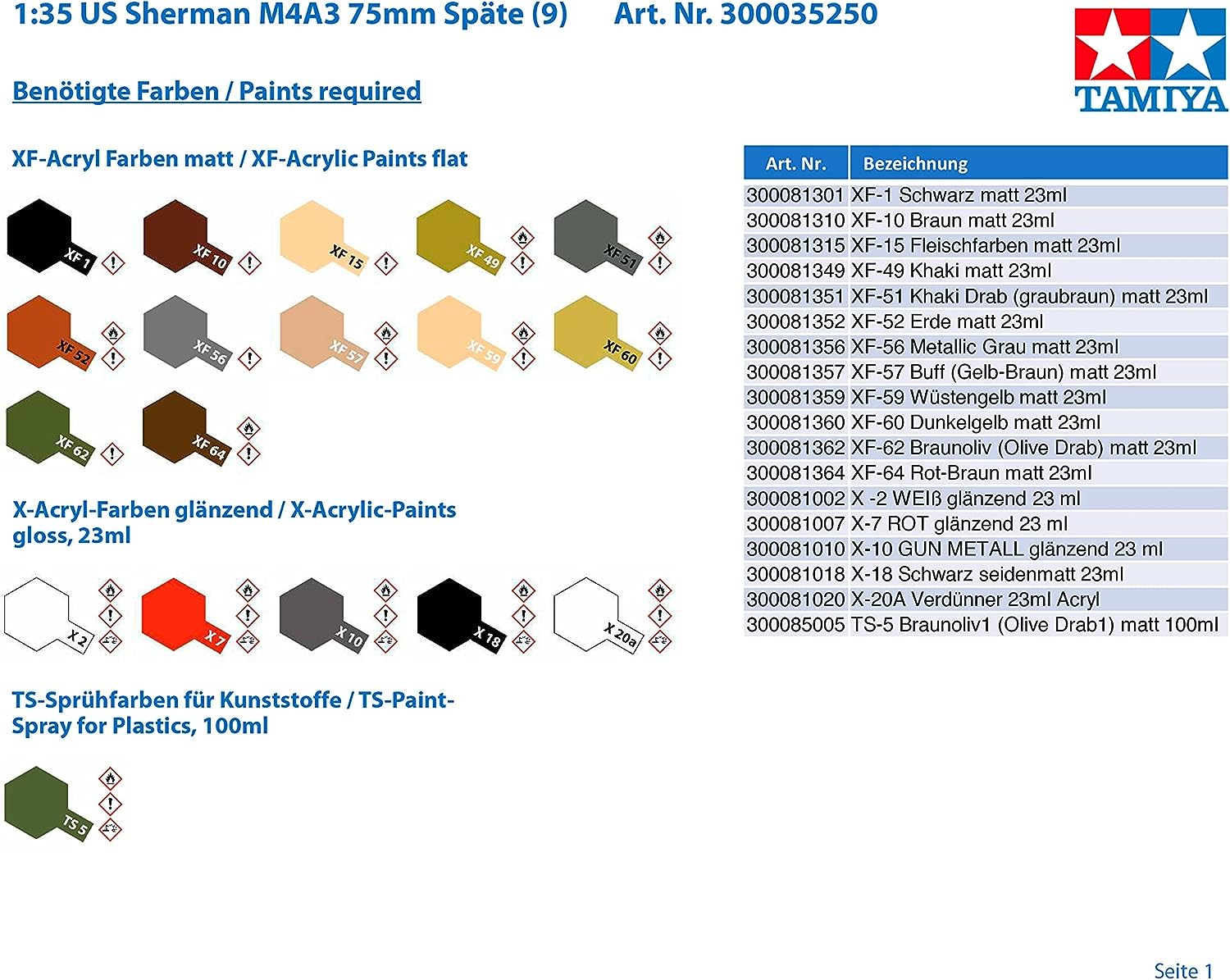 Tamiya 300035250 – 1: 35 WWII US Sherman M4 A3 Spä, 75 mm (9