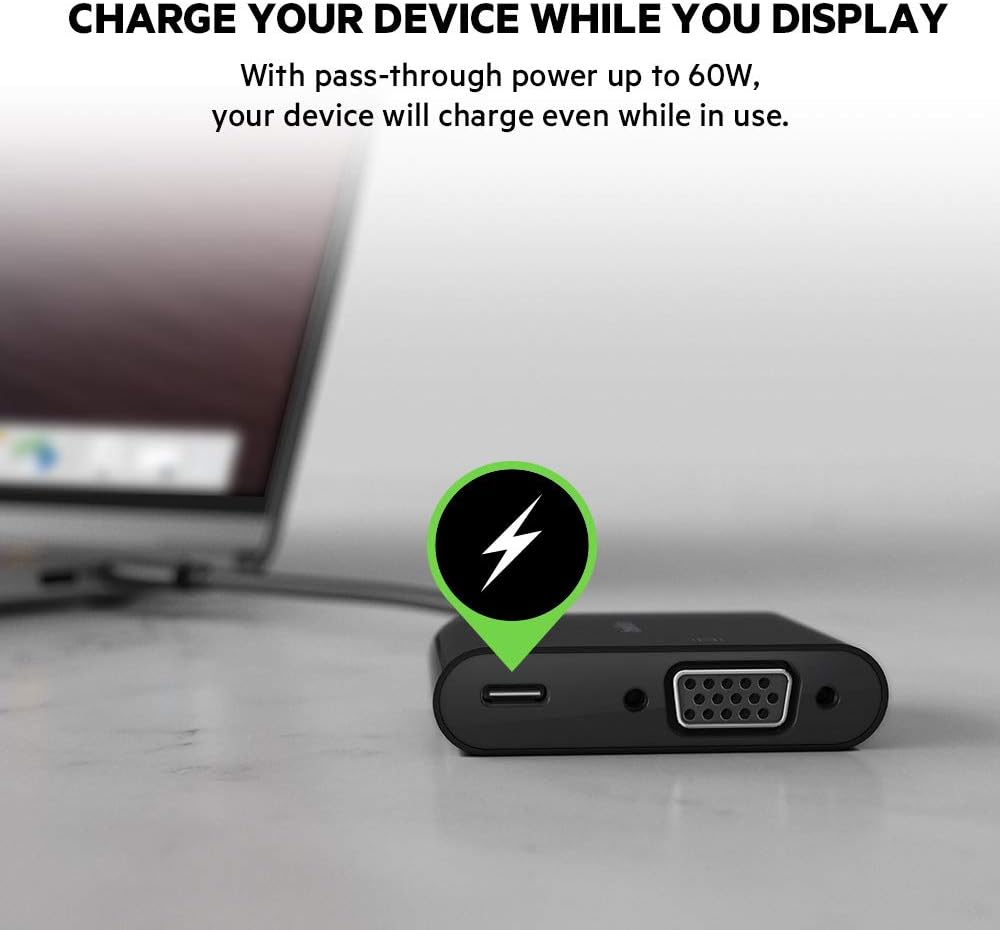 Belkin USB C to VGA + Charge Adapter - USB C to VGA Cable for MacBook Pro, MacBook Air, Mac Mini, iPad Pro, iPad Pro 12.9”, iPad Mini & Other USB C Devices - 60W USB C Power Delivery
