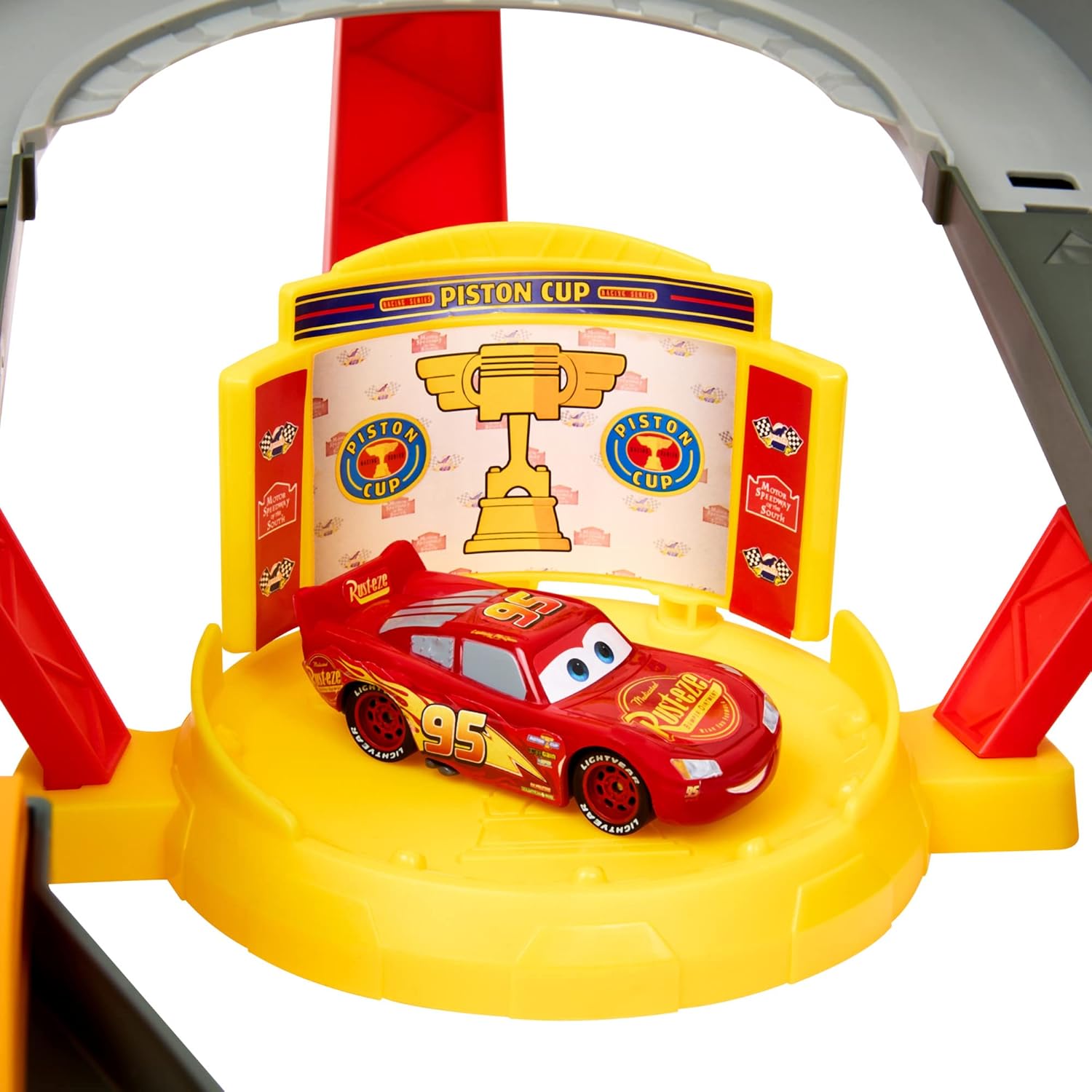 Disney and Pixar Cars Track Set, Piston Cup Action Speedway Playset with 1:55 Scale Lightning McQueen Die-Cast Toy Car, HPD81