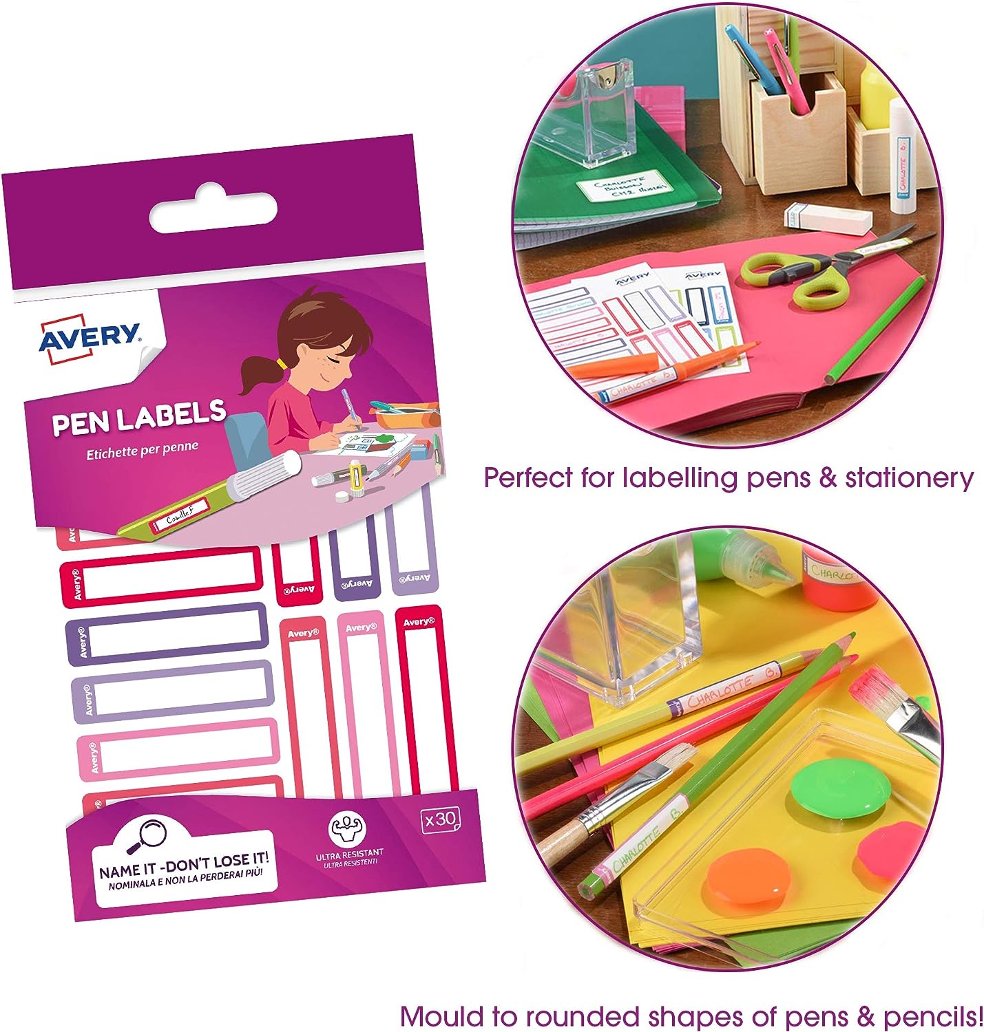 Avery Stationery Labels, Pen Labels, Name Labels, Stick on School Labels 50 x 10 mm, 30 Labels Per Pack, Pink/Purple