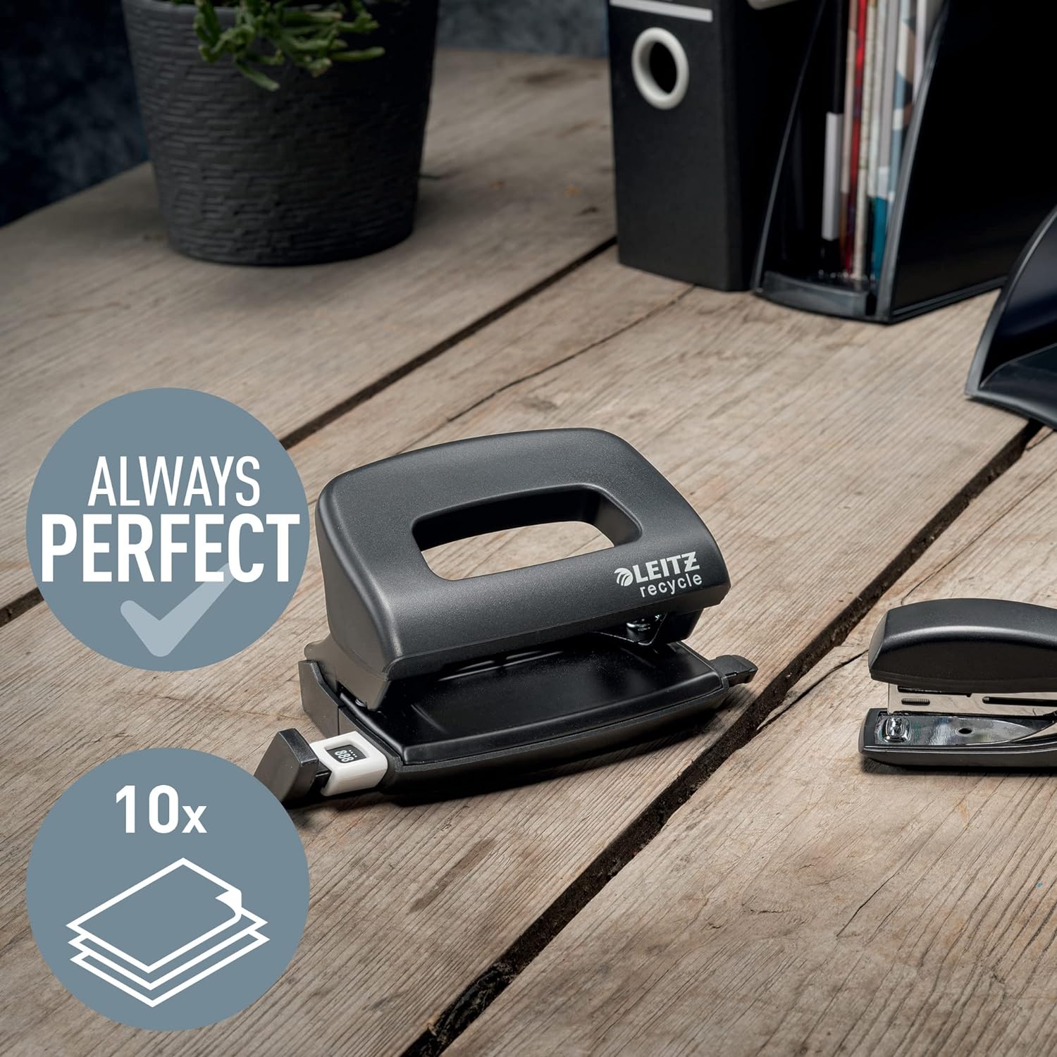 Leitz NeXXt Recycle Mini Hole Punch, 10 A4 Sheet Puncher, 100% Recyclable, Steel & Recycled Plastic, CO2 Neutral, Eco Friendly, Recycle Range, Black, 50100095