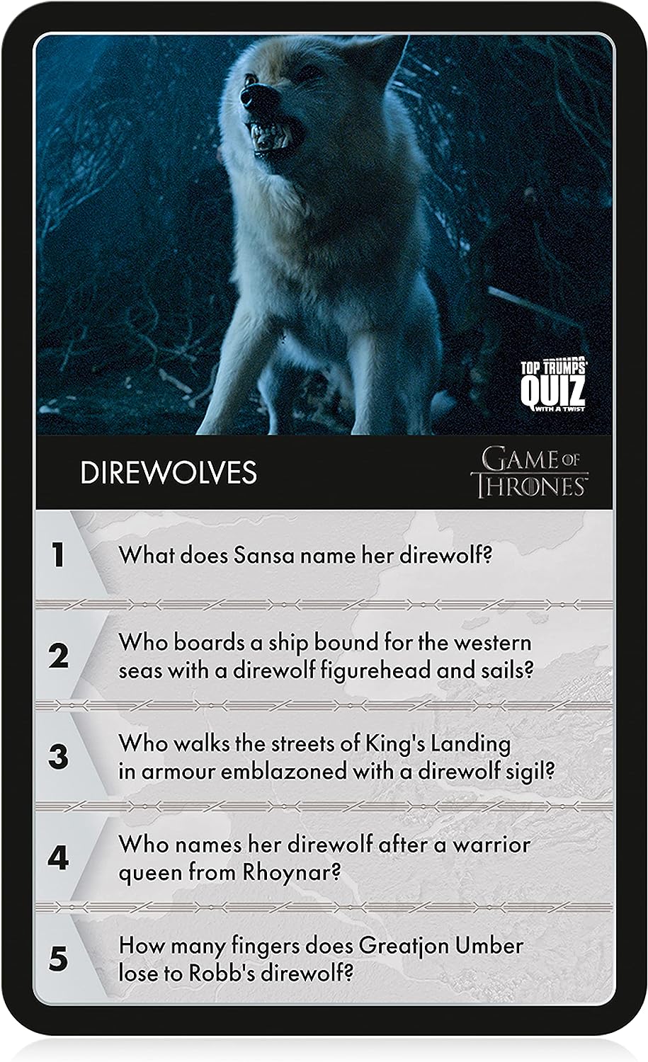 Top Trumps Game of Thrones Quiz Trivia Game, 100 categories to test your knowledge and memory featuring Tyrion Lannister, Cersei Lannister, Arya Stark, Daenerys Targaryen, 2+ player game for ages 18+