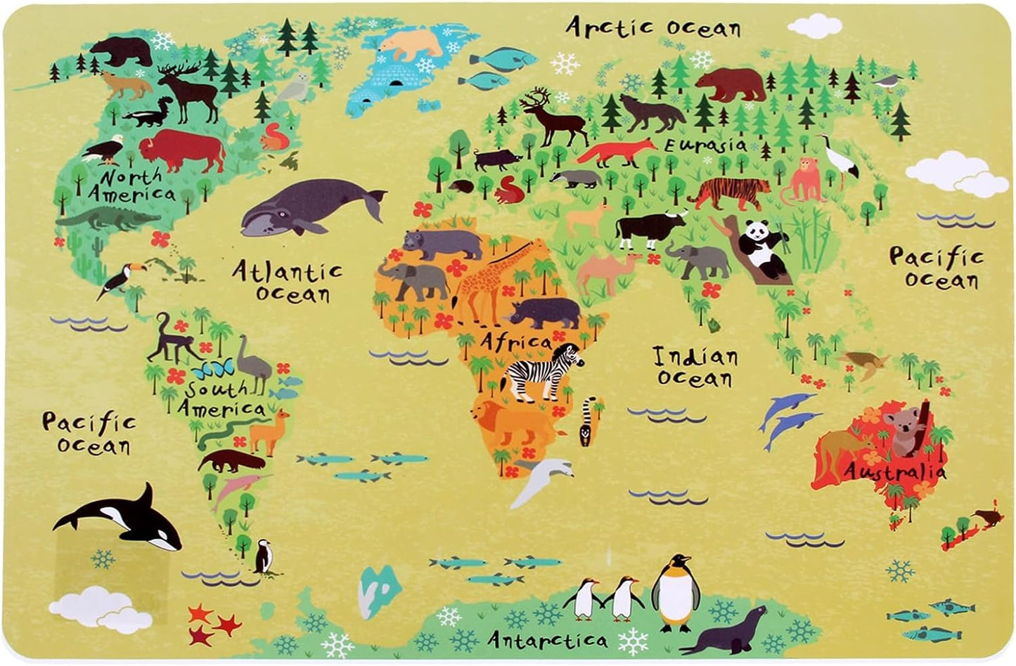 World Map Placemats Set of 3 Kids Educational Animal Geography Place Mats for Kid Children’s Table Plastic Fun Toddlers Boys Girls Kitchen Dining Dinner Meal Table Mats Wipeable Waterproof
