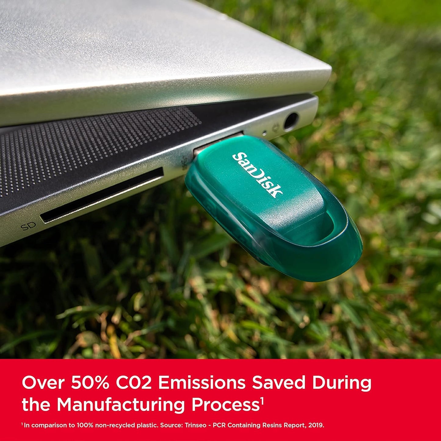 SanDisk Ultra Eco 64GB USB 3.2 Flash Drive with up to 100MB/s read speed. A flash drive made with over 70% recycled plastic