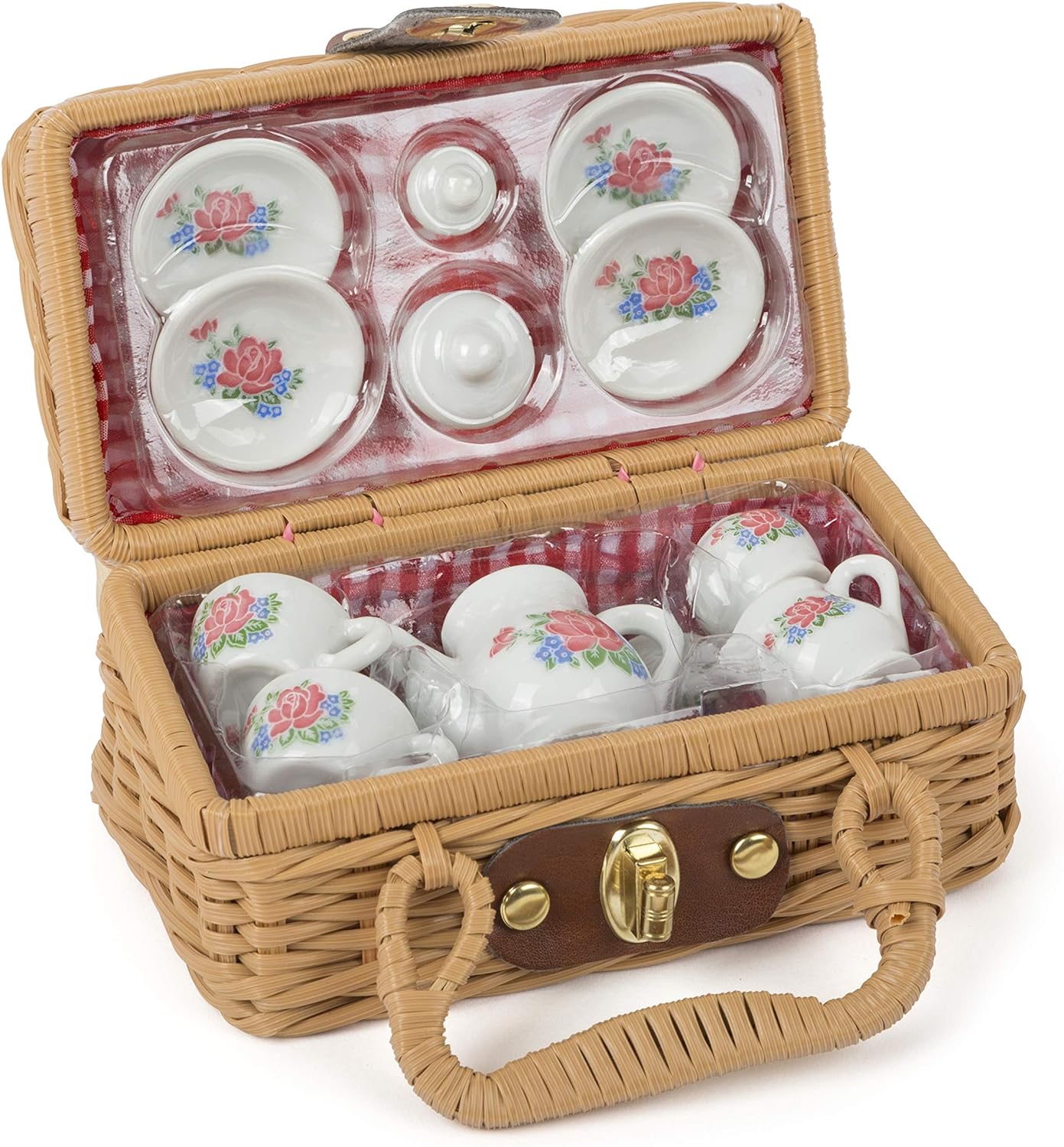 Small Foot 11274 14-piece porcelain coffee set in case with cups, plates, teapot, lids, milk jug and sugar pot, perfect for little doll mums and three of their friends Toys, Multicolour