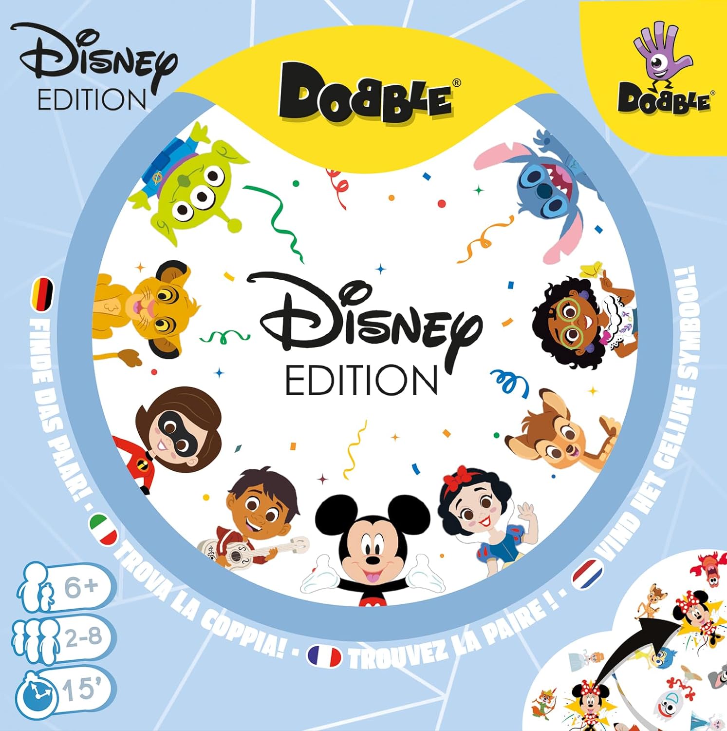 Zygomatic, Dobble Disney, Familienspiel, Kartenspiel, 2-8 Spieler, Ab 6+ Jahren, 15 Minuten, Deutsch, Mehrsprachig, 4. 90 Karten