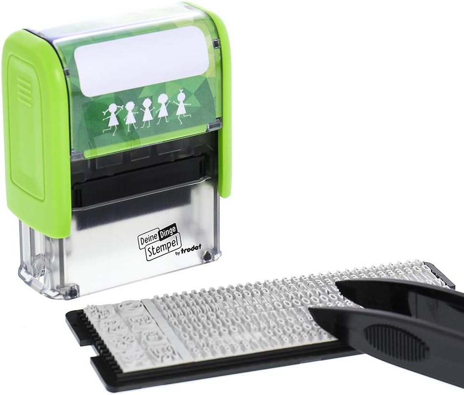 Trodat Stamp Your Things for Children, Stamp Set to Design Yourself - 3 Lines, German, Self-Inking Textile Stamps Machine Washable, 38 x 14 mm, Black Imprint, Includes Accessories