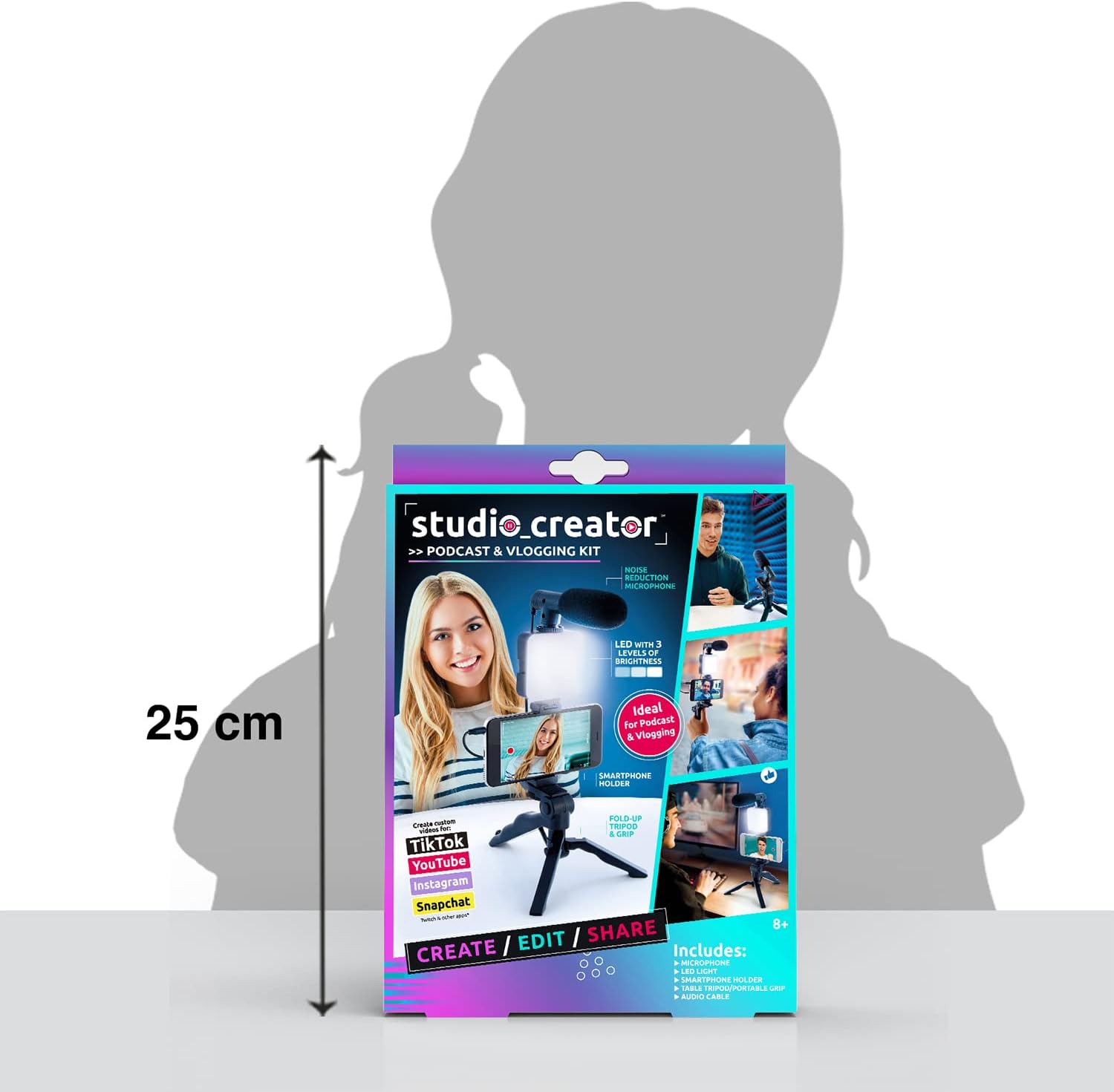 Studio Creator INF 033 Podcast and Vlogging Kit, Phone Holder, LED Light, Microphone + Tripod, Create Content On The Go, Age 6, White