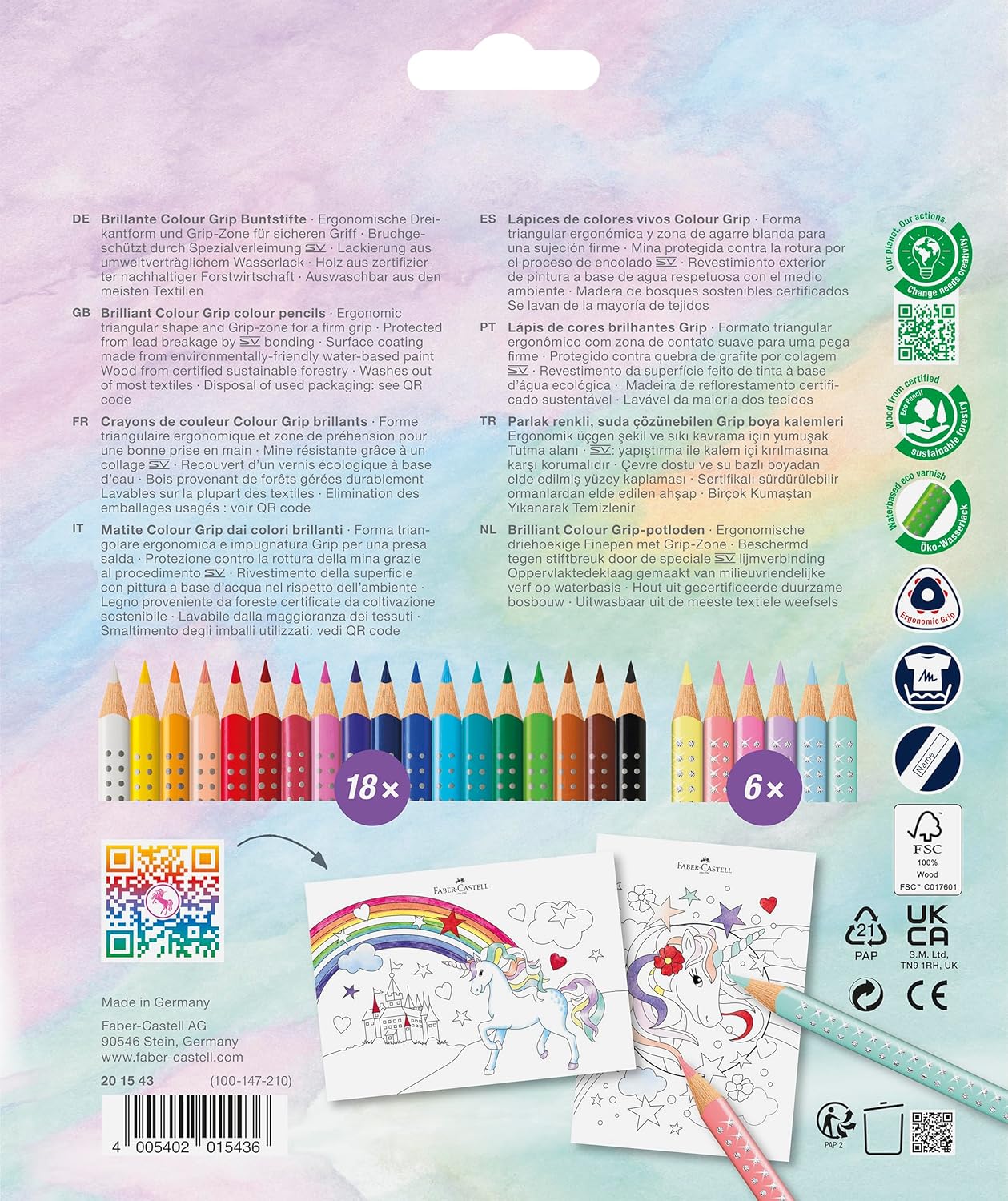 Faber-Castell Colour Grip Colour Pencils, Unicorn Special Edition, 18 Colour Grip + 6 Sparkle Pastel Colour Pencils