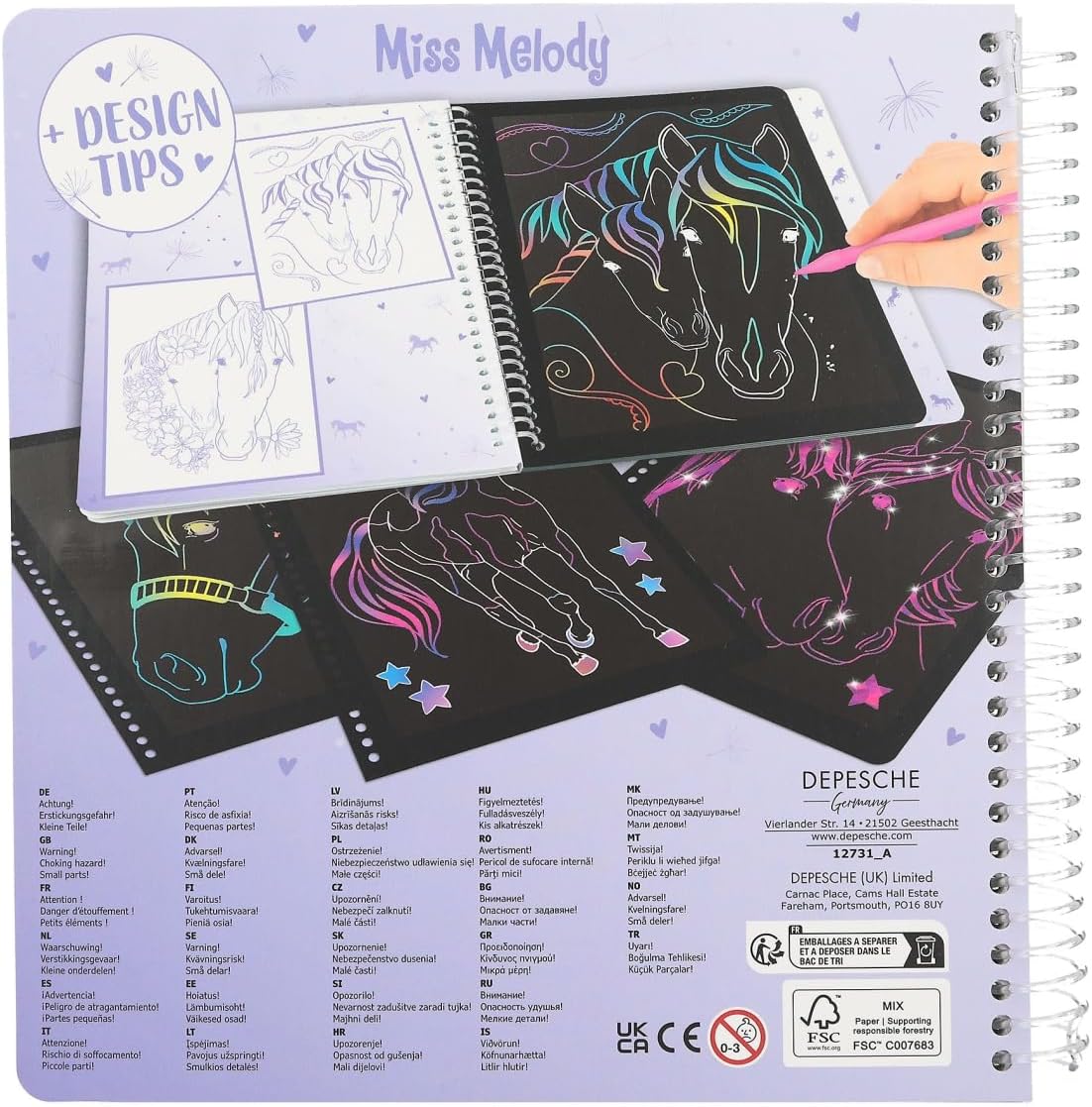 Depesche 12731 Miss Melody Magic Scratch Book with 20 Pages of Fantastic Scratch Motifs, Book with Colourful Gradient and Scratch Pen