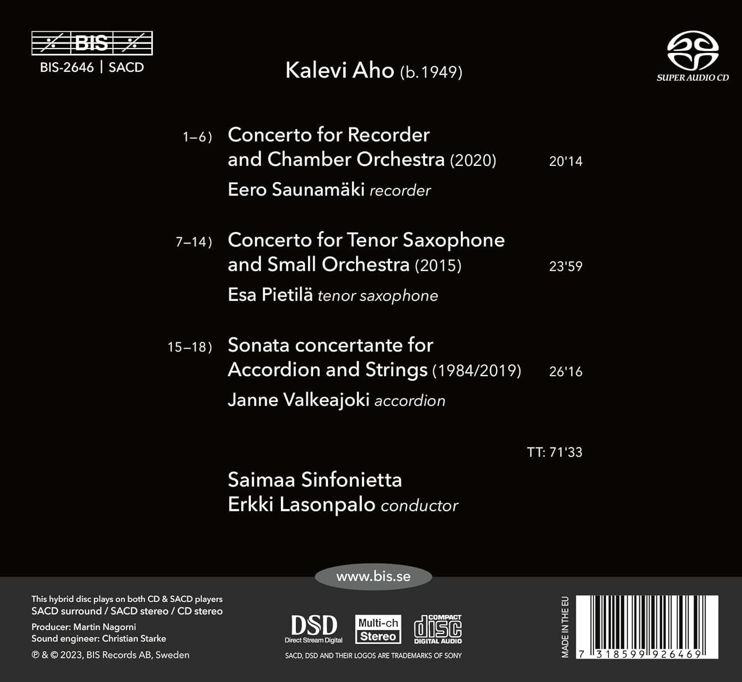 Kalevi Aho: Concertos for Recorder & Tenor Saxophone/...