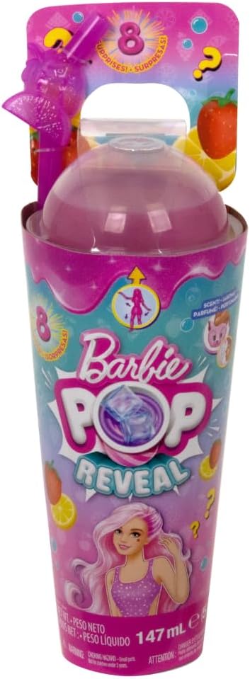 Barbie Pop! Reveal Serie Frutas Fresa Muñeca Que Revela Sus Colores con Vaso, Incluye Ropa, Mascotas y Accesorios Sorpresa, Juguete +3 años (Mattel HNW41