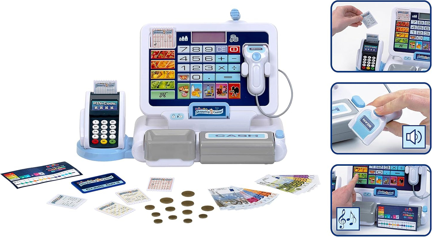 Klein Theo 9324 Tablet cash station I Play cash register with sound and detachable tablet, POS terminal, Scanner and play money I Toys for children aged 3 and over. Single