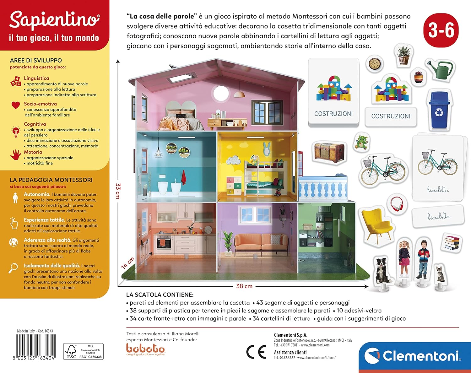 Clementoni - 16343 - Sapientino Montessori - La casa delle parole - Montessori house, educational game with illustrated cards, Montessori game 3 years - Made in Italy