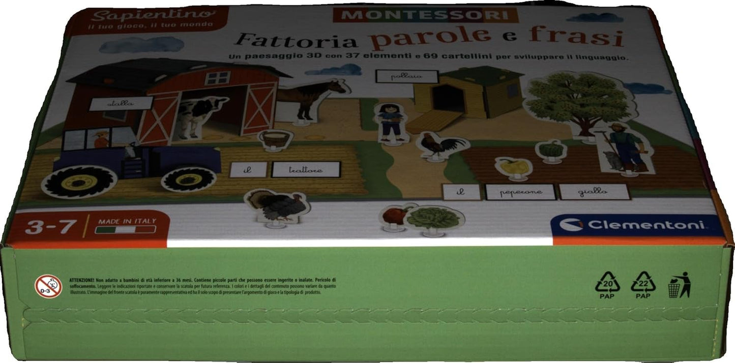 Clementoni 16369 Sapientino Farm Words and Phrases-Montessori 3 Years, Animal Educational Game, Language Development-Made in Italy, Multi-Coloured