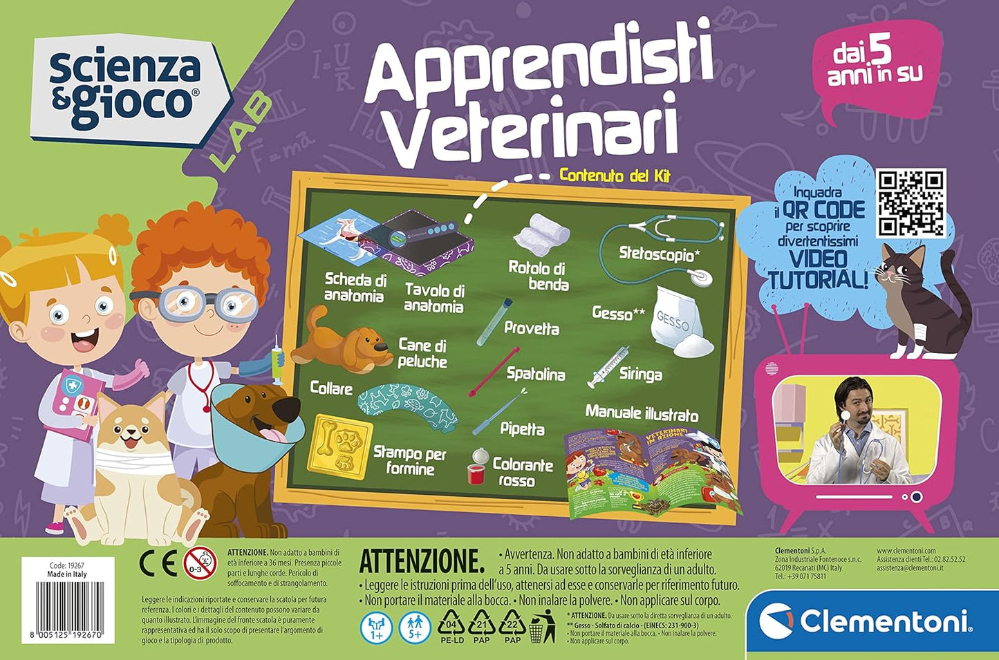 Clementoni Lab-Apprendisti kit esperimenti di scienza, gioco scientifico bambini 5 anni+, laboratorio veterinario, versione in italiano, Made in Italy, Multicolore, Medio, 19267