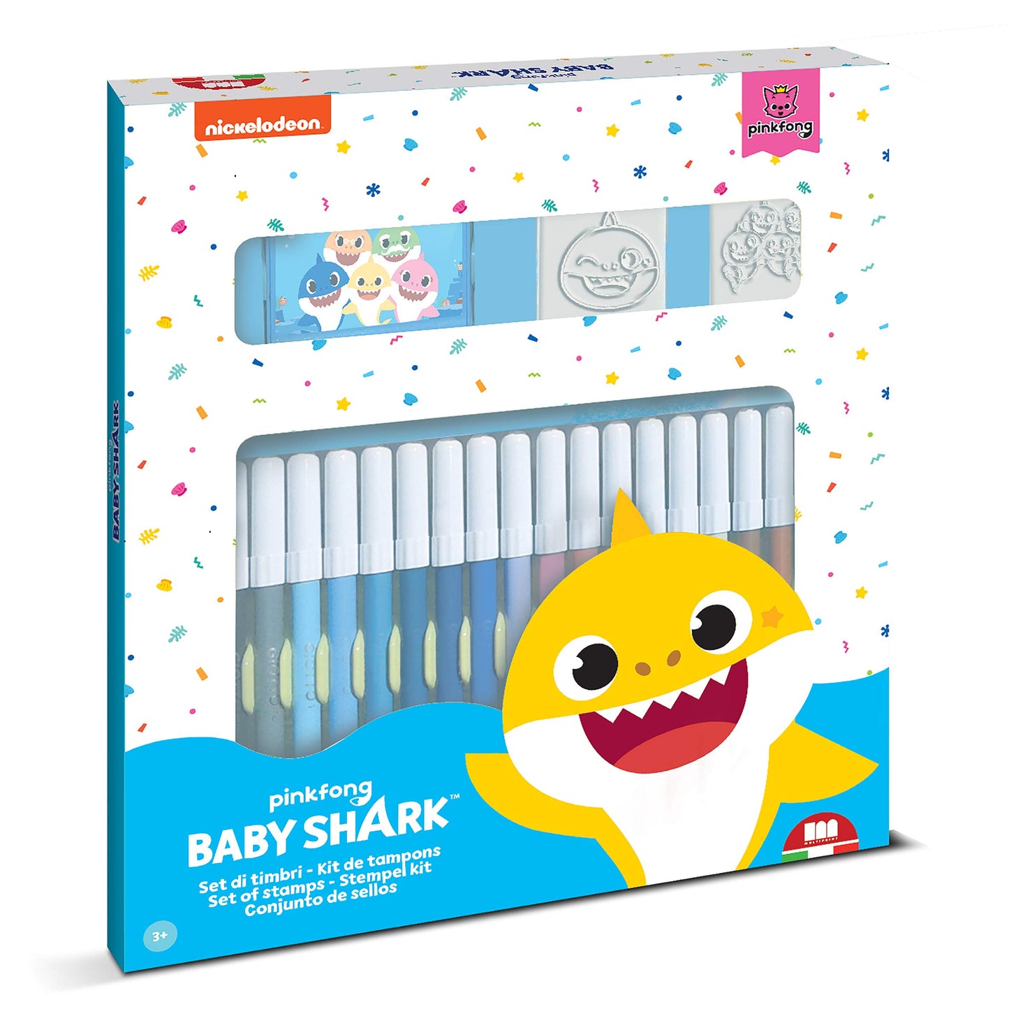 Multiprint Set 2 Stamps for Kids and 18 Coloured Pens Baby Shark, Made in Italy, Stamps for Children, in Wood and Natural Rubber, Non-toxic Washable Ink, Gift Idea, art.86995