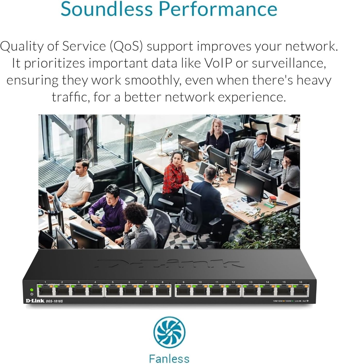 D-Link DGS-1016S 16-Port Unmanaged Gigabit Switch (ohne Lüfter, Low Profile Metallgehäuse, Desktop / Wandmontage, Plug-and-Play, 802.1p QoS, 802.3az EEE), schwarz