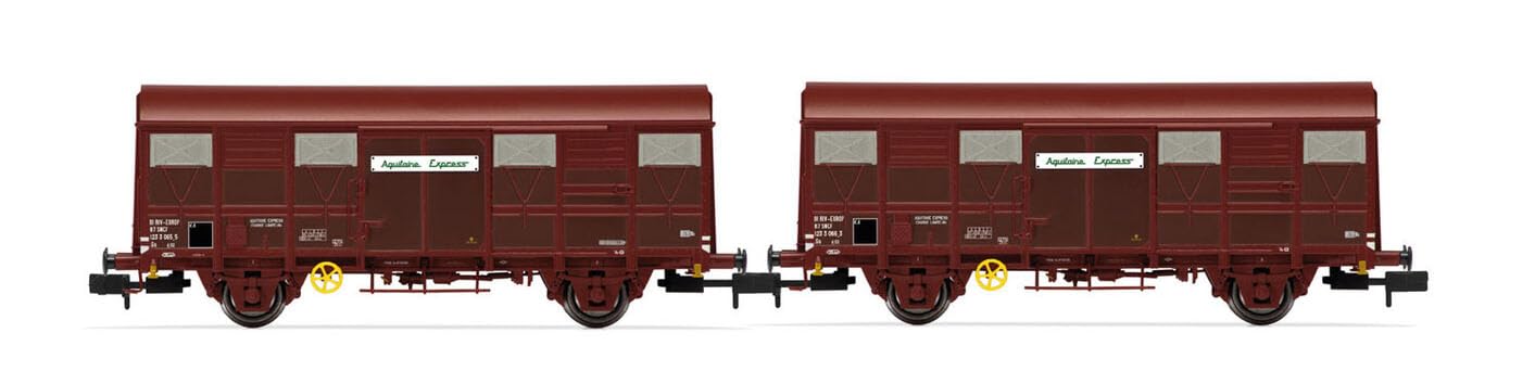 SNCF Haubenwagen „Aquitaine Express“, 2 Achsen, 2 Stück, Typ G4 mit Permaplex-Wänden, Epoche IV