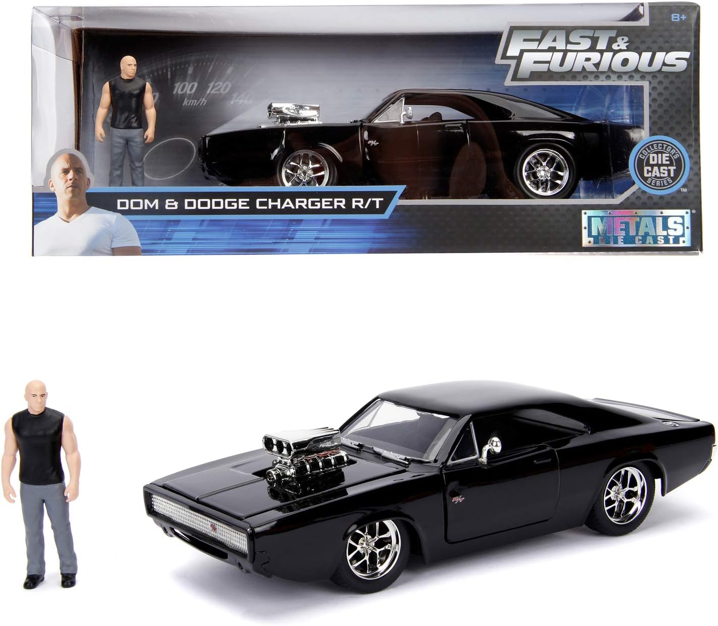 Jada Toys Fast & Furious Dom's 1970 Dodge Charger Street Car Tuning Model 1:24 Scale Opening Doors, Boot & Removable Bonnet, wheel, Includes Dominic Toretto Figure, Black