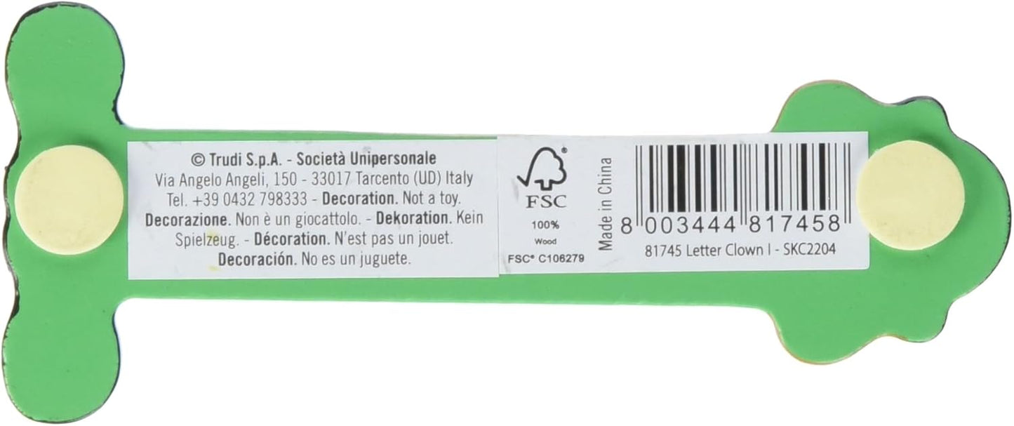 Sevi 81745 clown approx. 10 cm, Door Kids Room, ABC Wooden Educational Toy for Children Aged 3+, Letter Assorted Orange Pink Green, ca. 10 x 2,5 cm I - Clown