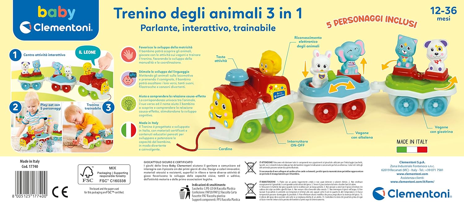Clementoni 17740 Animal 3 in 1-Talking, Interactive and Towable, Electric Toy Train, 1 Year Child Play (Italian Version) -Made in Italy, multi-coloured