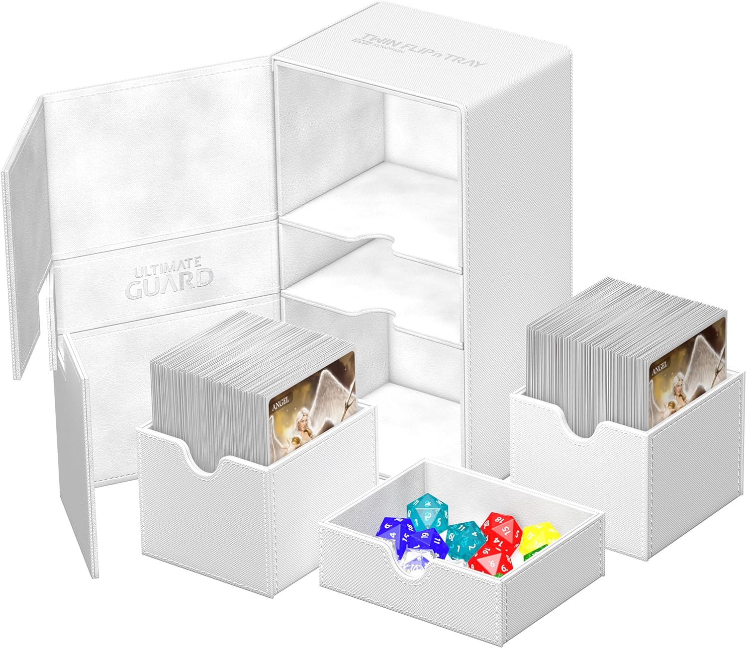 Ultimate Guard Flip 'n' Tray 200+, Deck Case for 200 Double-Sleeved TCG Cards + Dice Tray, White, Independent Magnetic Closure & Microfiber Lining
