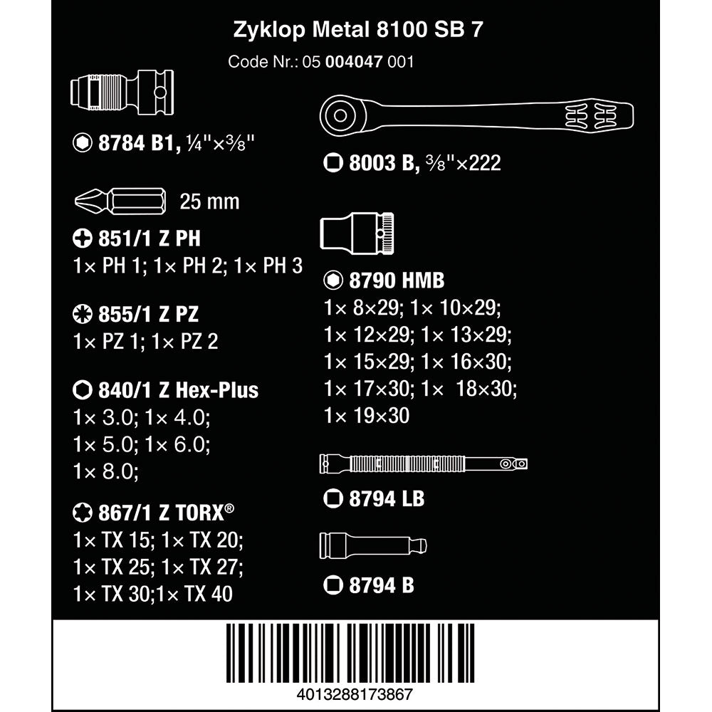 8100 SB 7 Zyklop Metal Push Ratchet & Socket Set of 29 Metric 3/8in Drive