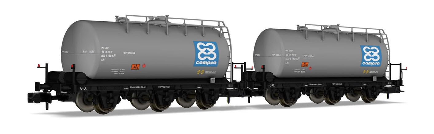 RENFE, ensemble de 2 wagons-citernes à 3 essieux, livrée CAMPSA, ép. IV (logo bleu avec 4x C