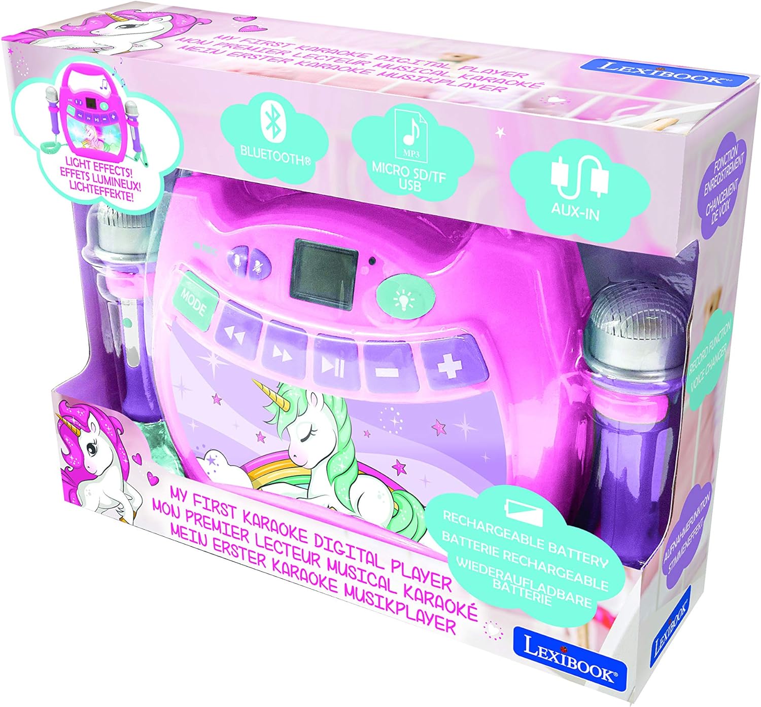 Lexibook, Unicorn, Portable karaoke digital player for kids, Microphones, Light effects, Bluetooth®, Record and voice changer functions, Pink, MP320UNIZ