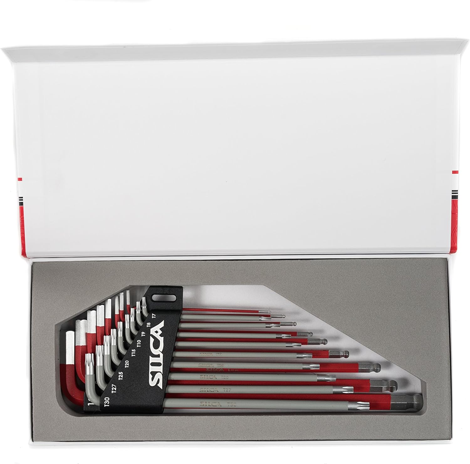 SILCA HX-TWO Heavy Duty Essential Metric Hex and Torx Set | Torx 7 - T30 - Hex 1.5 - H10 | Powder coated Red and Grey textured non slip grip | Swiss tool steel L wrench Allen key.