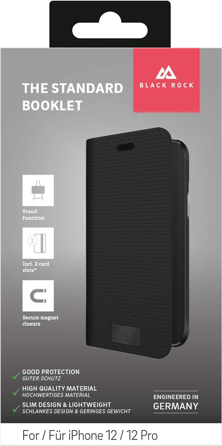 Black Rock - Case booklet flip case suitable for Apple iPhone 12/12 Pro I The Standard mobile phone case, 360 degree cover, magnetic closure (black