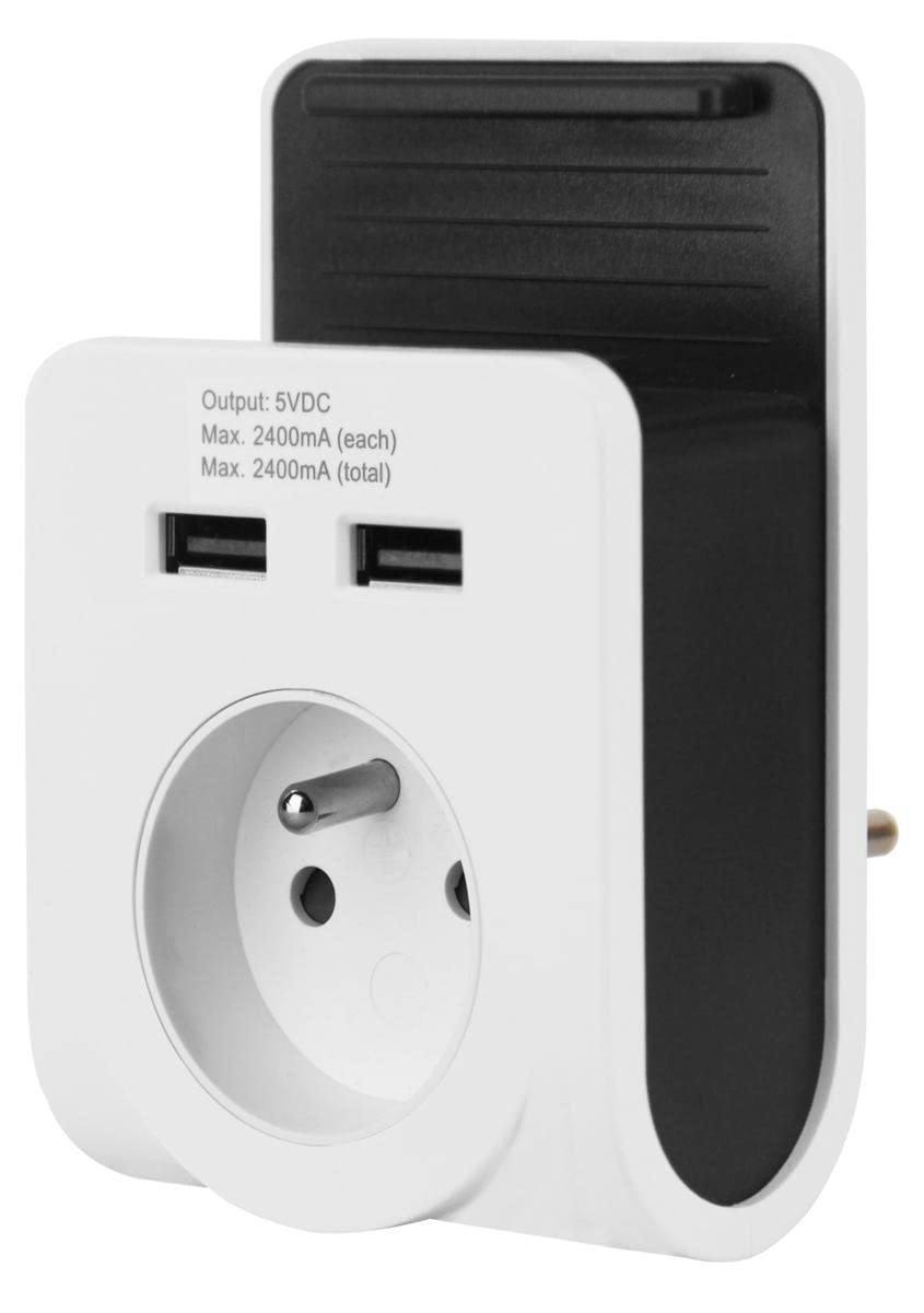 Power Plug Adapter, 2 Usb Ports, 2.4A, Smartphone Stand, White