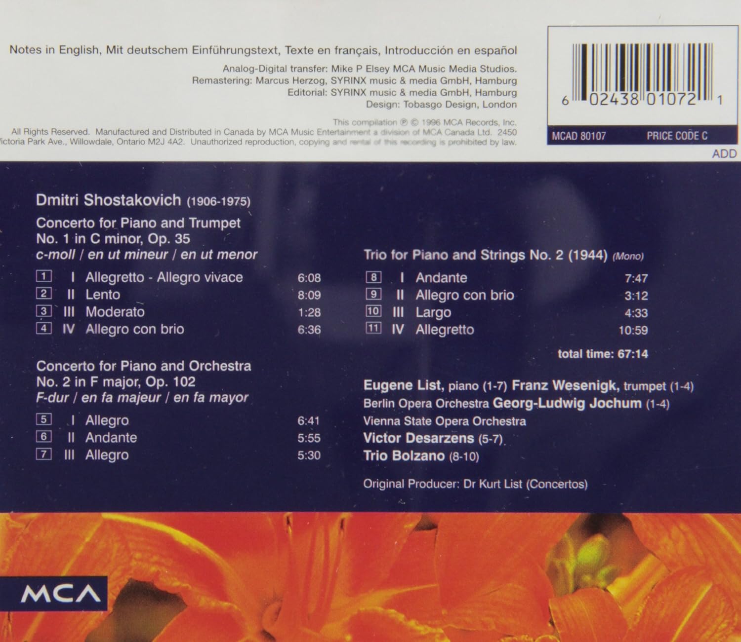 Concerto For Piano And Trumpet No. 1 Op. 35 / Concerto For Piano And Orchestra