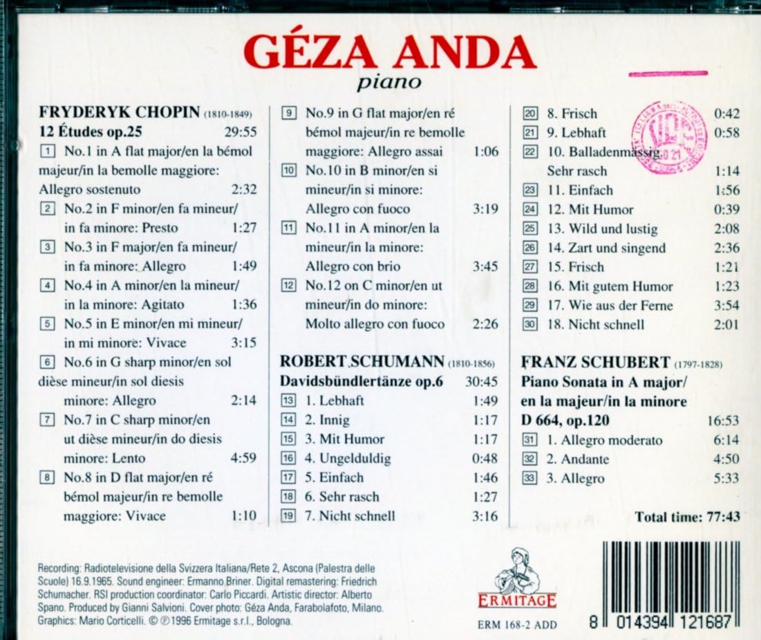 12 Etudes Op. 25 / Davidsbundlertanze Op. 6 / Piano Sonata In A Major / D 664 O