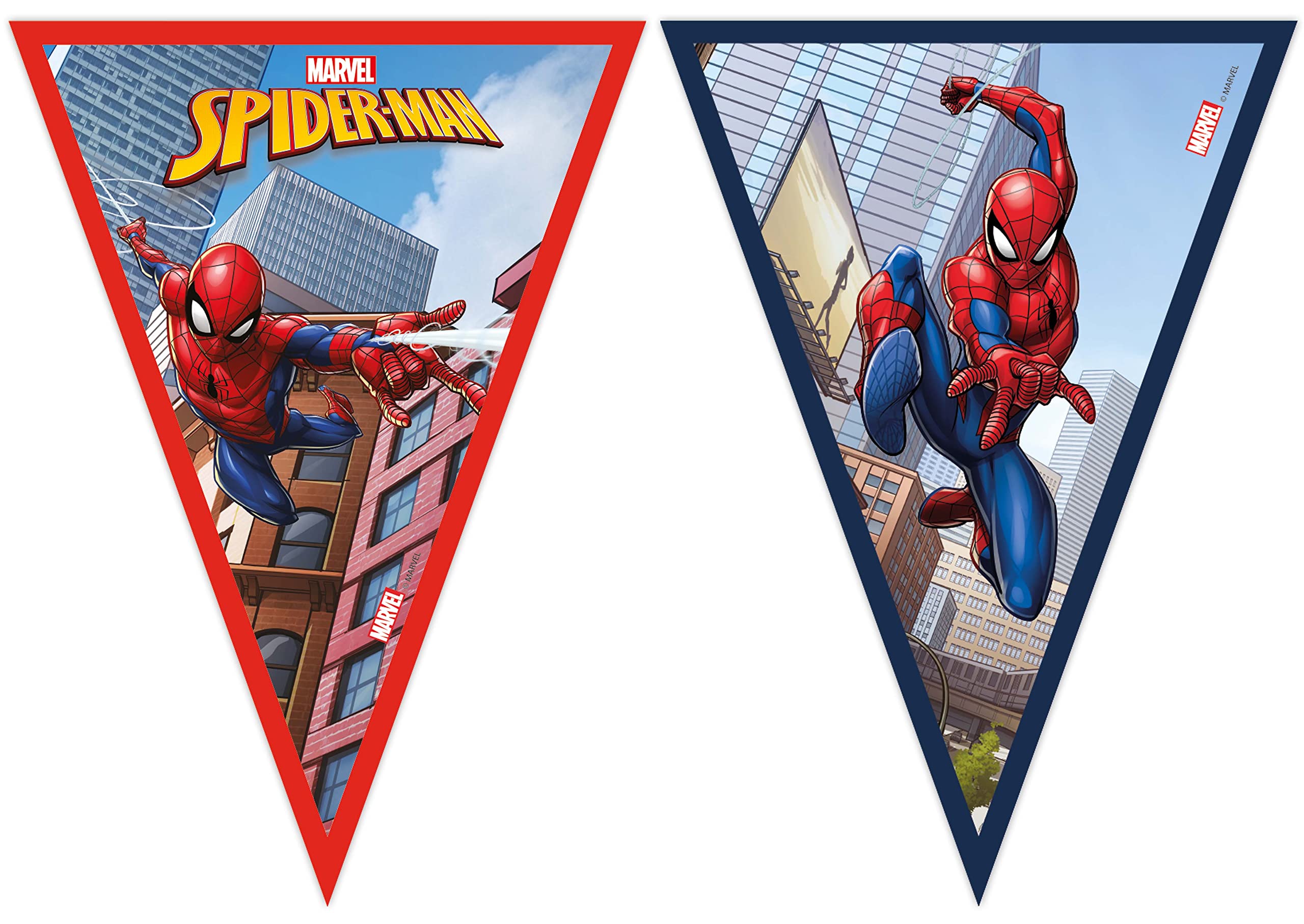 Procos - 9 Triangular Marvel Spider-Man Crime Fighter in FSC Folat Paper 93867P Spider-Man Flag, Multicoloured, 2.3 Metre-Line Flag, Garland, Children's Birthday Party