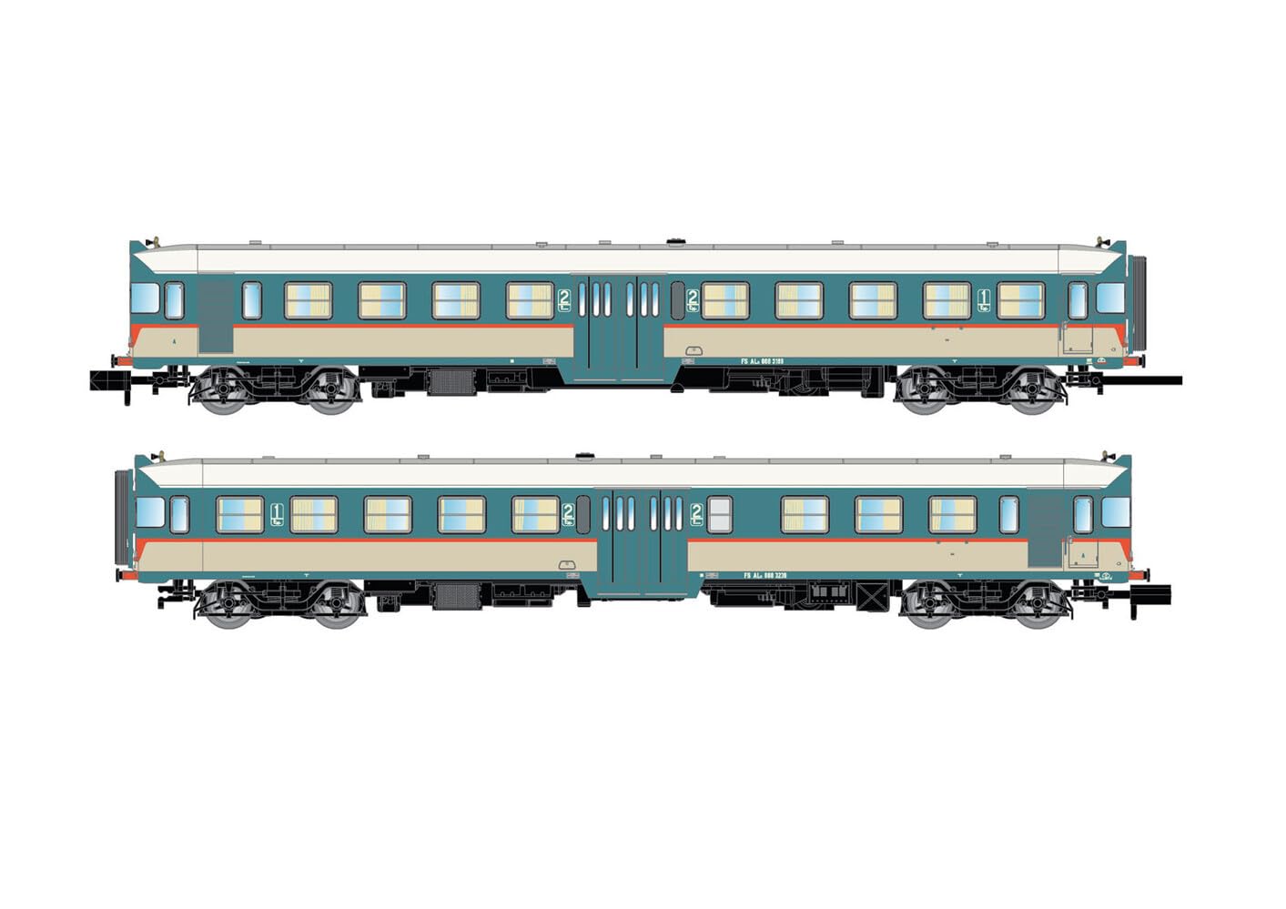 FS ALn 668 3100er-Reihe Dieseltriebwagen, 2 Stück, mit 1 Doppeltür, Originallackierung, gewölbte Fenster, Epoche IV