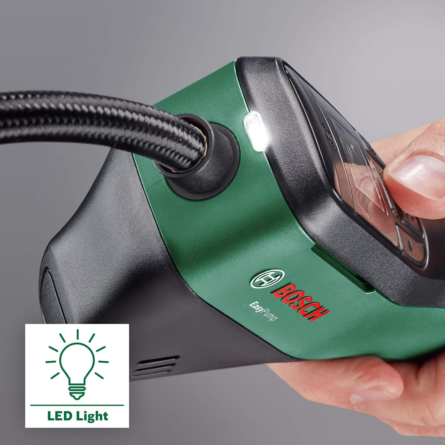Bosch elektrische Fahrradpumpe / Luftpumpe / Mini Kompressor EasyPump (3,0 Ah Akku, 3,6 Volt, Autostop-Funktion, 150 PSI, 10,3 bar, LED, über USB-C® wiederaufladbar, im Karton) incl. Akku incl. Akku