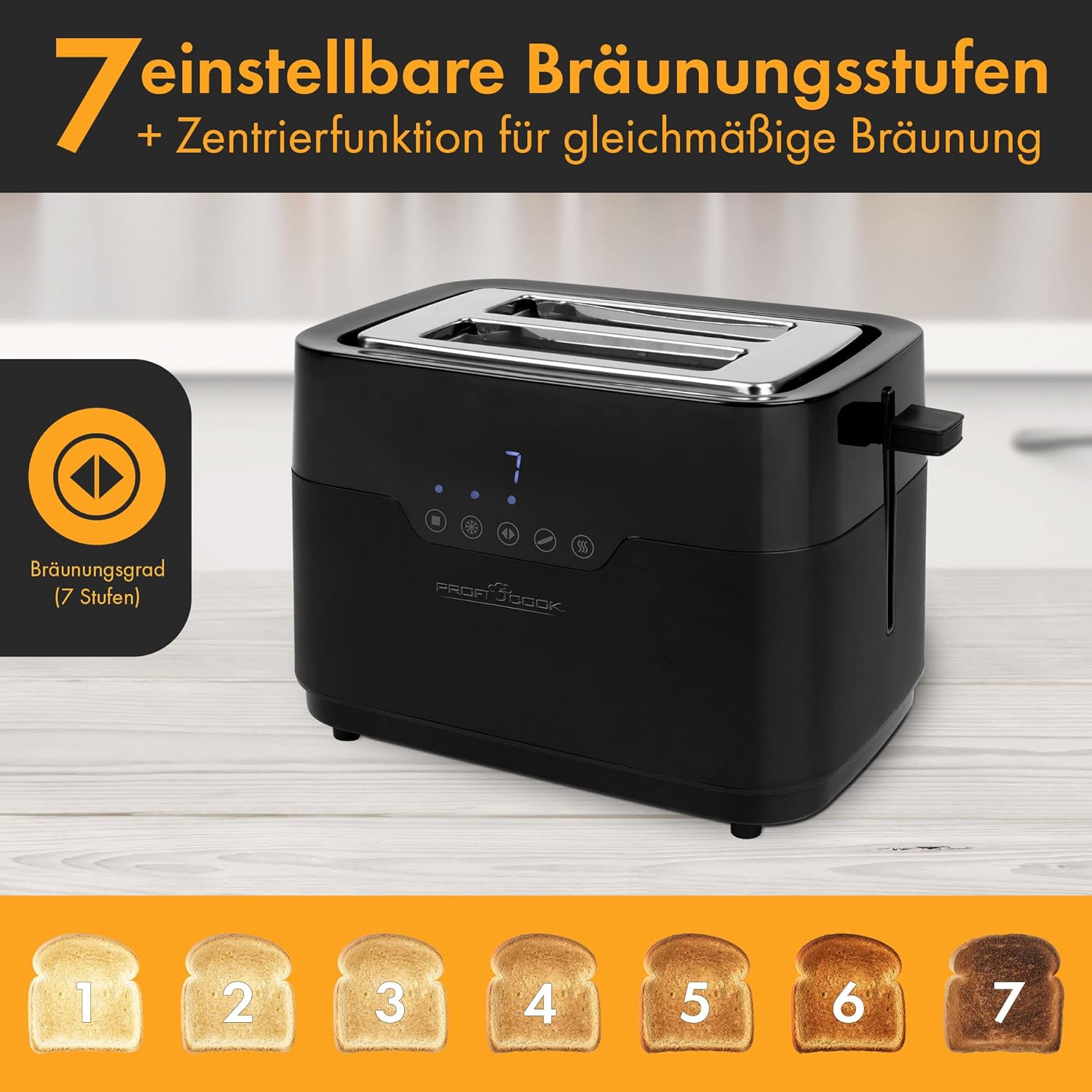 ProfiCook Toaster 2 Scheiben mit Brötchen Aufsatz und extra breitem Toast-Schlitz, Auftaufunktion, 7 einstellbare Bräunungsstufen Edelstahl gleichmäßige Toaster schwarz matt, PC-TA 1244 PC-TA 1244 inox Sensor Touch