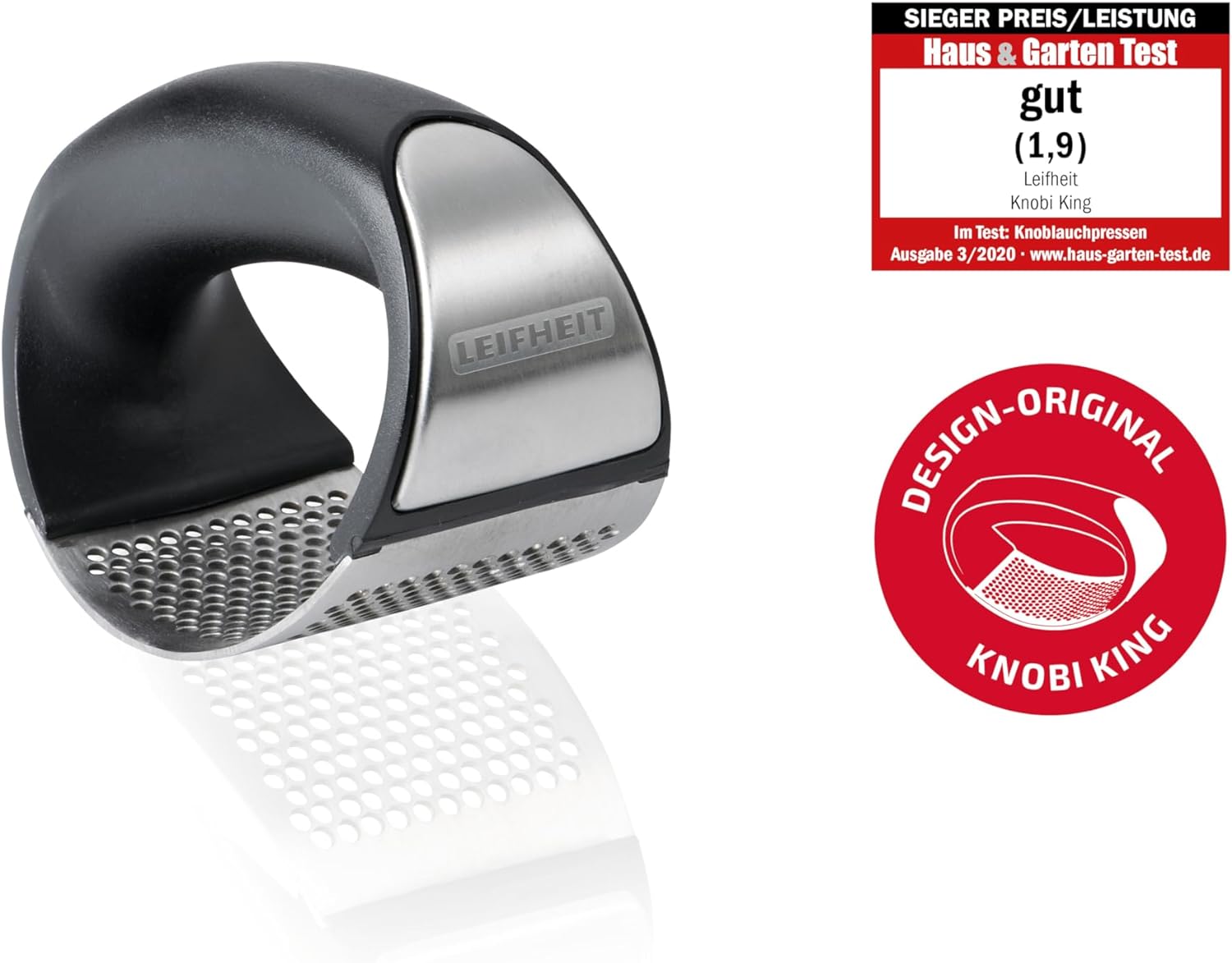 Leifheit Knobi King, garlic press, stainless steel garlic cutter, dishwasher-safe, garlic press, innovative design, kitchen aid, easy to use and clean