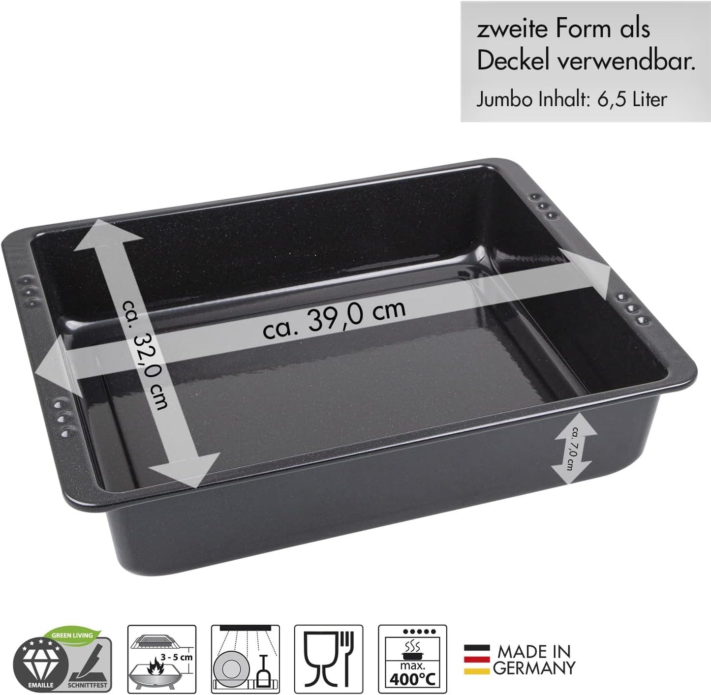 chg Set 350-56 XXL Enamel Roasting Dish Leakage Protection Thanks to Extra Deep Rims (7.0 cm), 6.5 litres, Black Speckled XXL Bräter ca. 39,0 x 32,0 x 7,0 cm