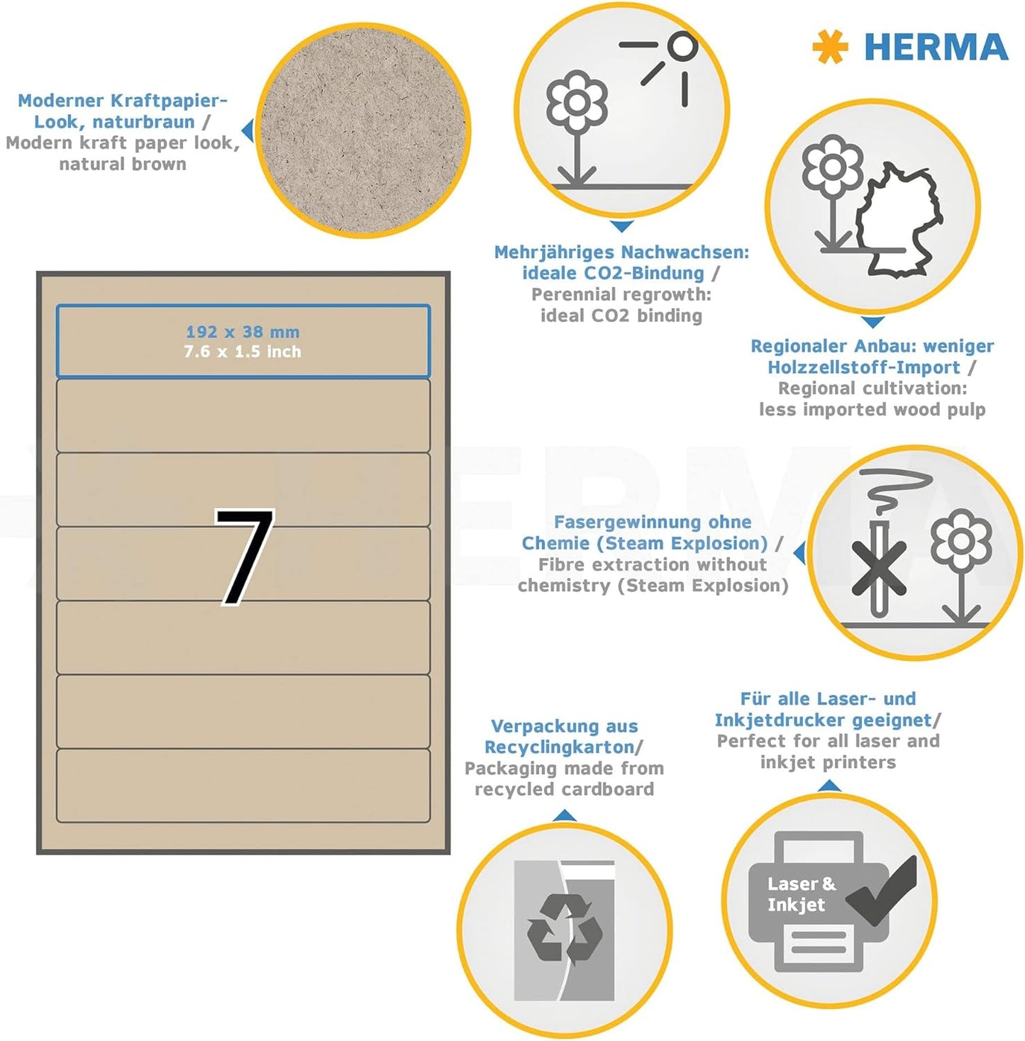 HERMA 10759 Folder Spine Labels Short Narrow 20 Sheets 192 x 38 mm 7 per A4 Sheet 140 Folder Labels Self-Adhesive Printable Opaque Silphie Paper Spine Labels Natural Brown Folder spine labels 192 x 38 mm
