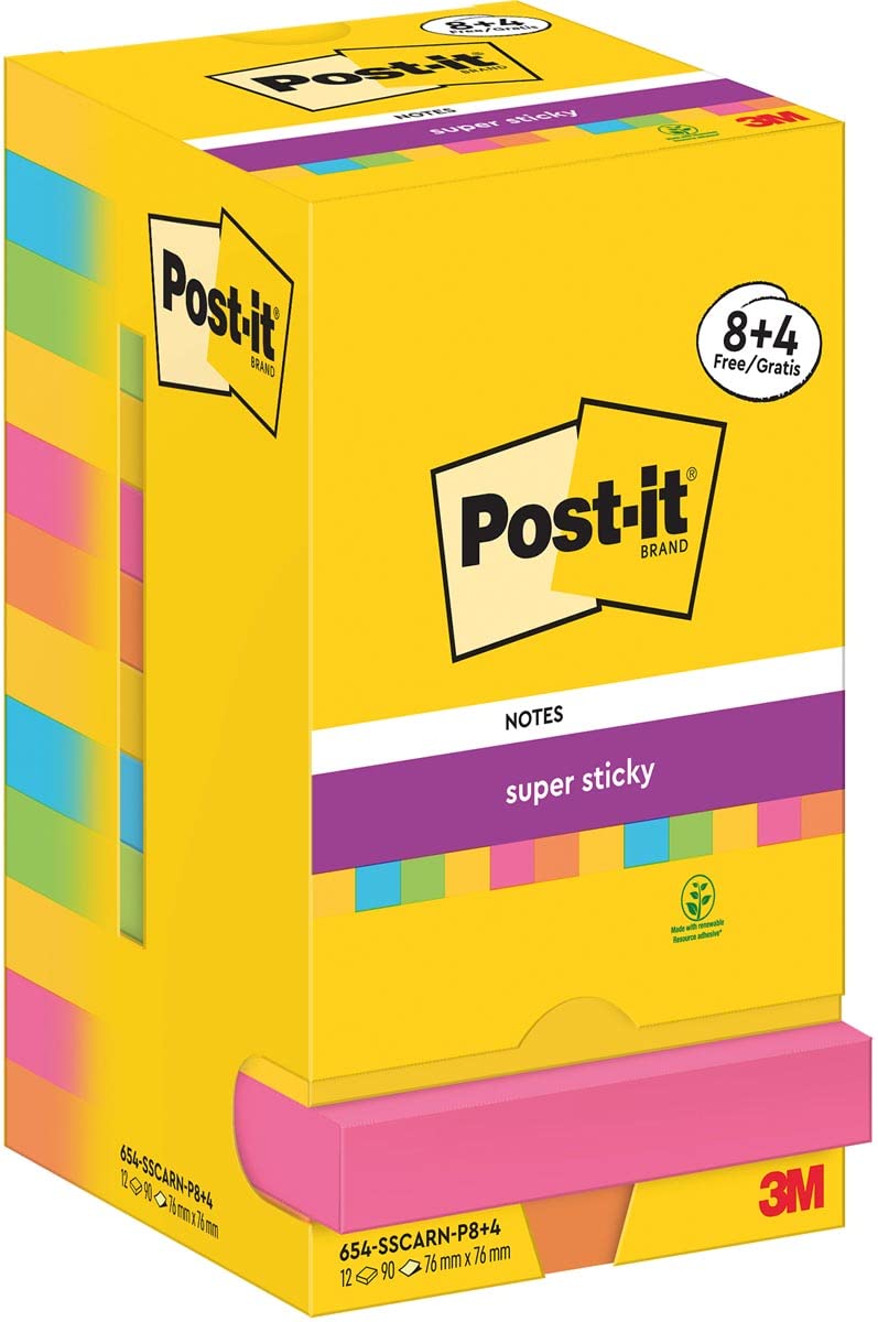 Post-it Super Sticky Notes Carnival Color Collection,Value Pack of 8 + 4 Free Pads, 90 Sheets per Pad, 76 mm x 76 mm, Yellow, Blue. Green, Pink - Extra Sticky Notes For Note Taking & To Do Lists