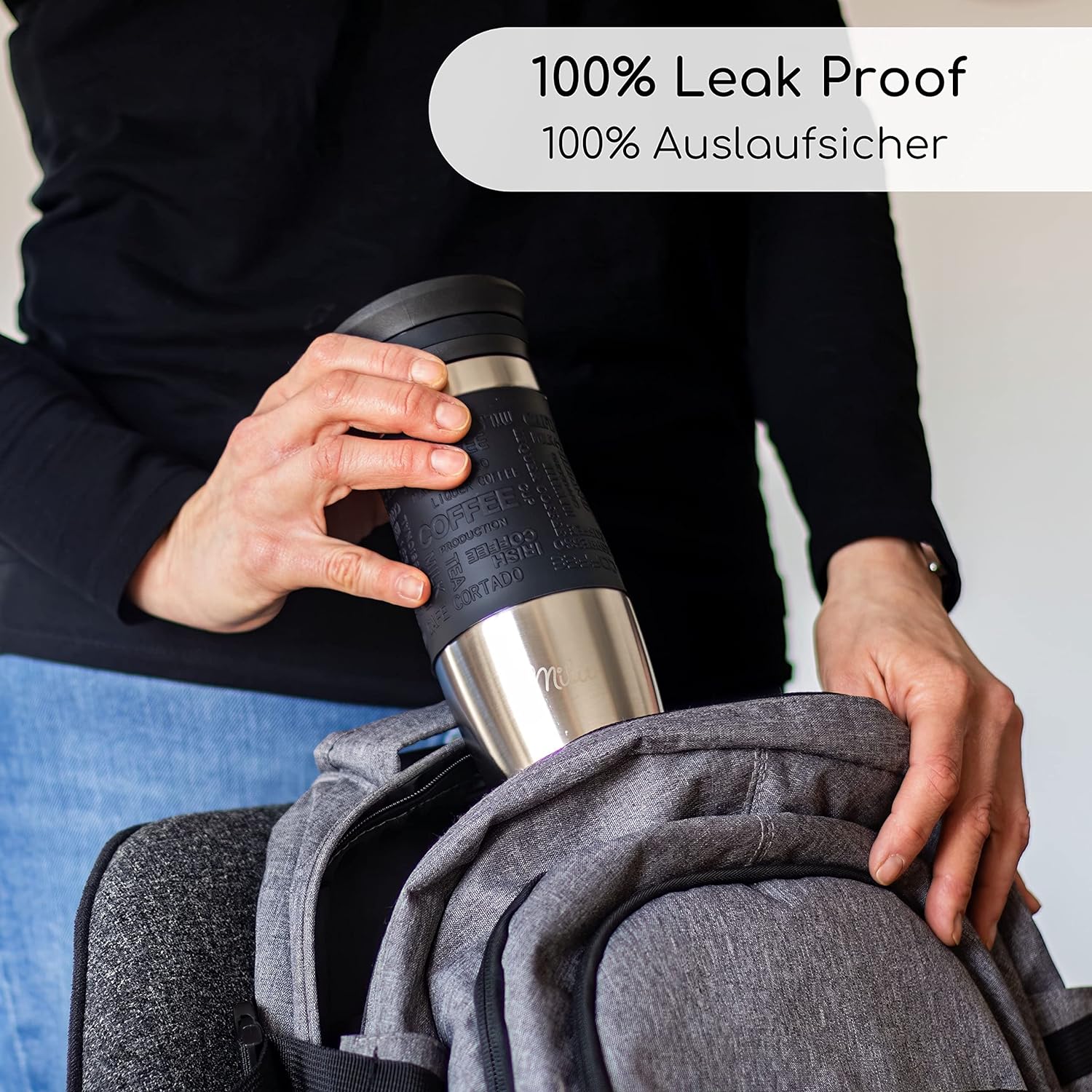 Milu Thermo Mug 370ml 450ml Insulated Mug Coffee Mug to go - 100% Leak Proof - Stainless Steel Drinking Mug - Car Mug Double Wall Insulation - Thermo Mug - Travel Mug - (Black, 370ml