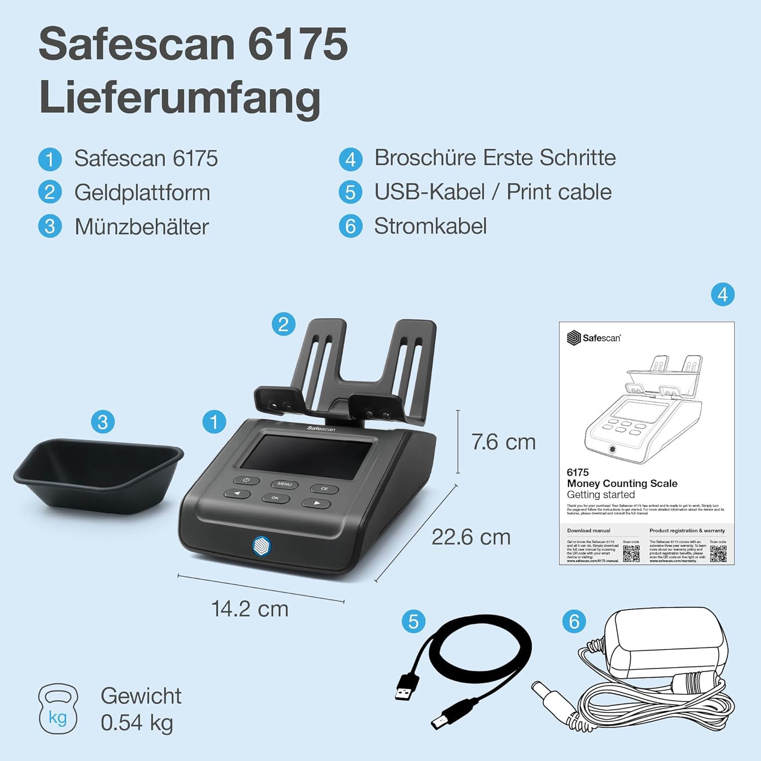 Safescan 6175 Máquina para contar dinero cuenta valor de monedas, billetes, vales y fichas -Cuenta monedas con reconocimiento automático de rollos -Balanza de dinero que guarda resultados del conteo