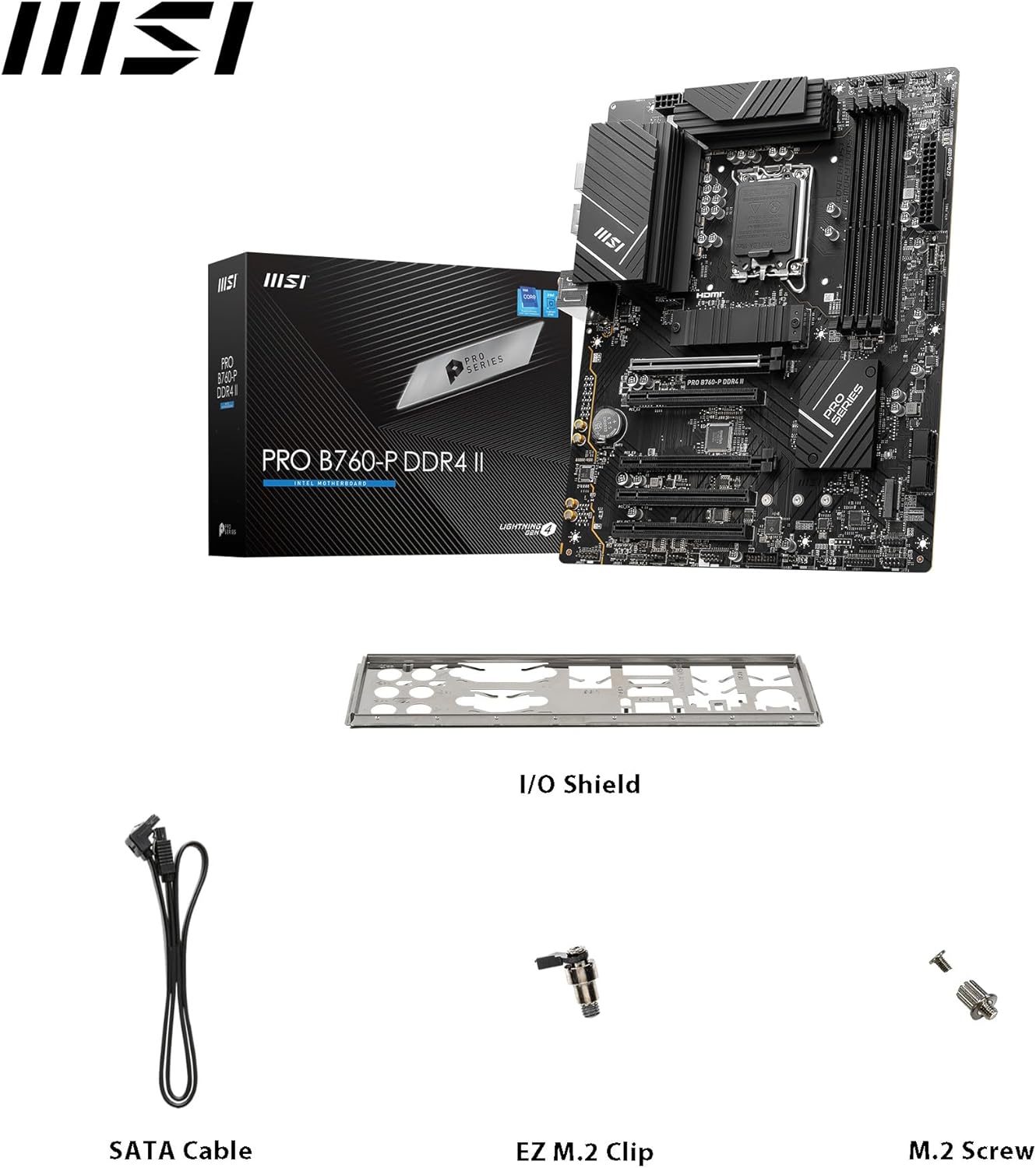 MSI PRO B760-P DDR4 II Motherboard, ATX - Supports Intel 12th & 13th Gen Core Processors, LGA 1700 - DDR4 Memory Boost 5333+MHz/OC, PCIe 4.0 x16 Slots, M.2 Gen4 Slots, 2.5G LAN