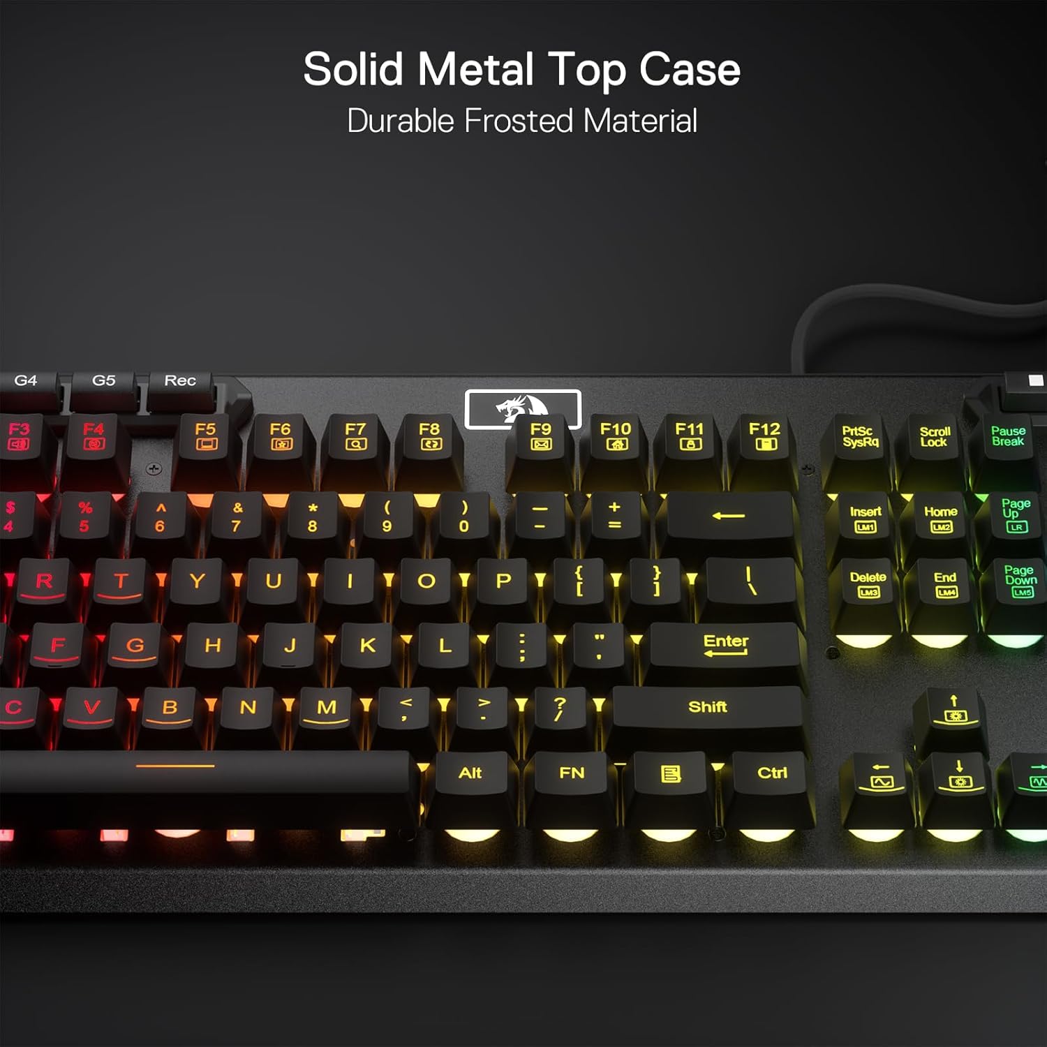 Redragon K513 RGB Membrane Gaming Keyboard, Standard 104 Keys Linear Mechanical-Feel Keyboard w/ 5 Extra On-Board Macro G Keys, Dedicated Media Control, Aluminum Top Case Black