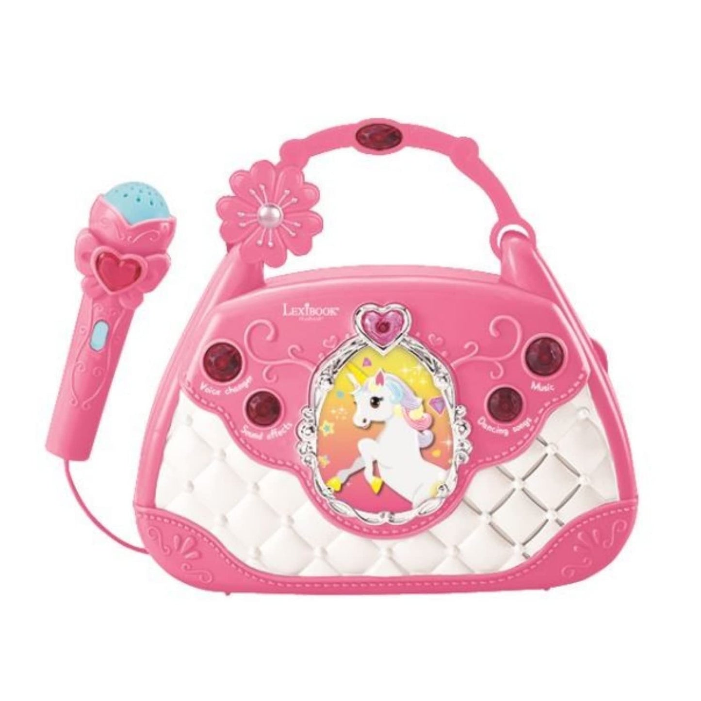 Lexibook K102UNI Unicorn Karaoke Bag with Microphone, Voice Changer, Demo Songs, Light Effects, mic Included, aux-in Input, Blue, Pink
